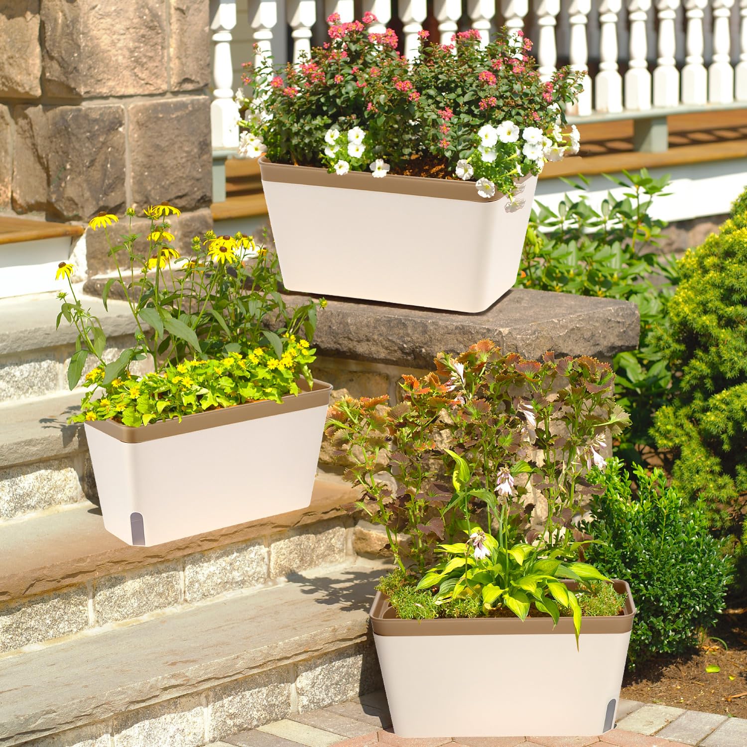QWORK® 3 Piezas macetas autorregantes, Maceta Rectangular 27CM con Ventana visualización Nivel Agua, Jardinera, para Hierbas, orquídeas y suculentas