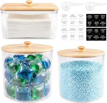 3Pcs Clear Laundry Pods Containers, Dryer Sheets Boxes with Wooden Lids