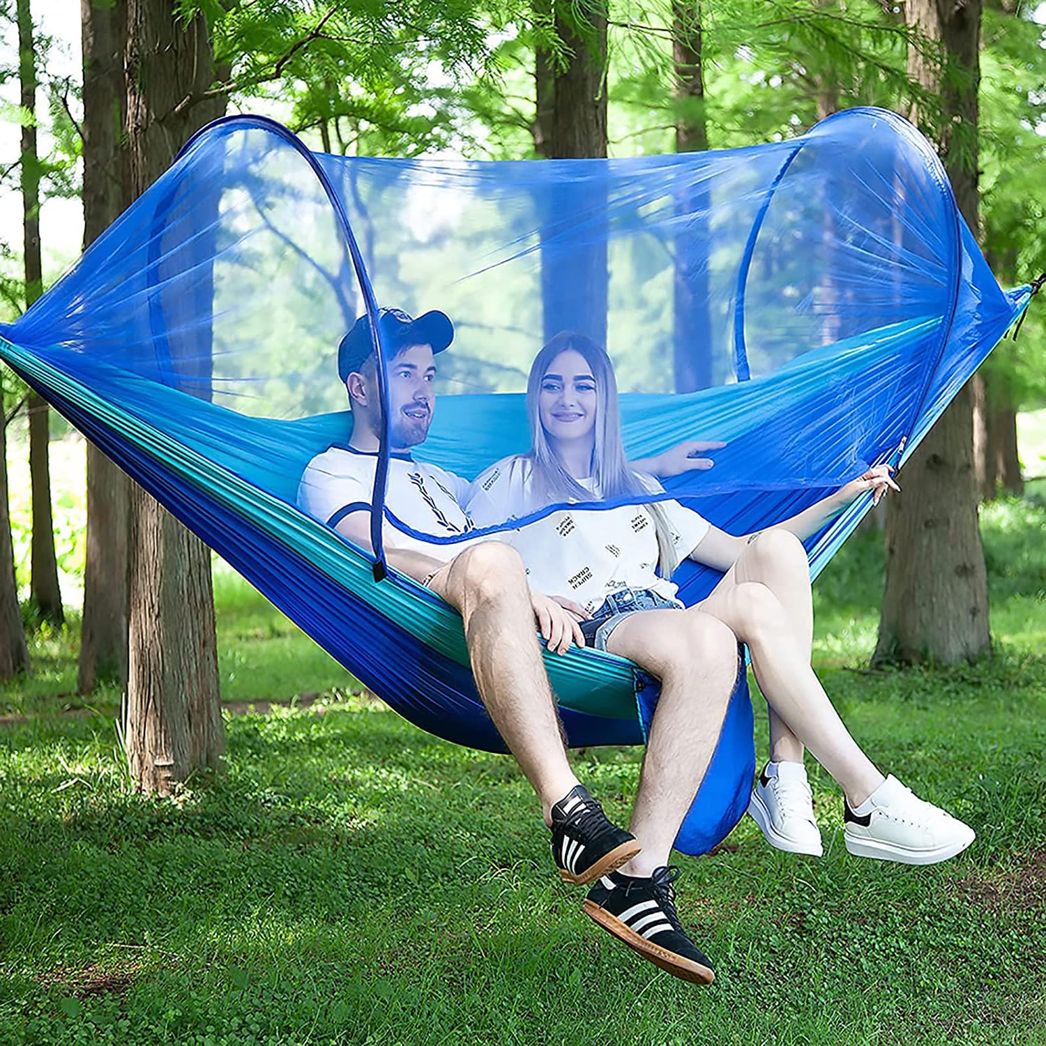 ExceforeHammock with Net, Camping Hammock with Mosquito Net, Pop-up Parachute Lightweight Hanging Hammocks, Tree Straps Swing Hammock, Camping Accessories for Outdoor, Backpacking, Hiking, Blue