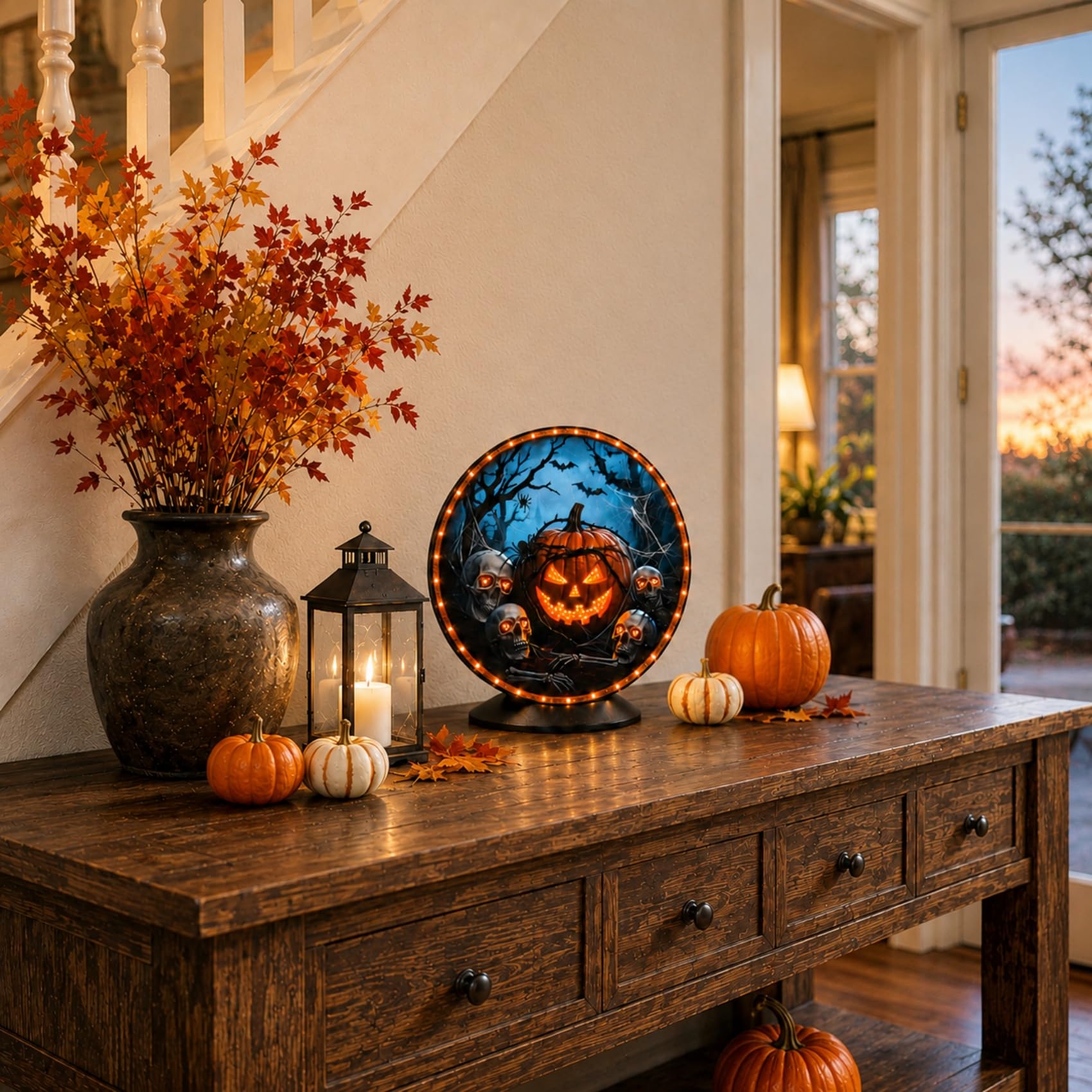 Decoraciones de Halloween iluminadas que funcionan con pilas, decoración de calavera de calabaza de Halloween con efectos de luz y sonido, decoración LED espeluznante para colgar en la mesa o en la