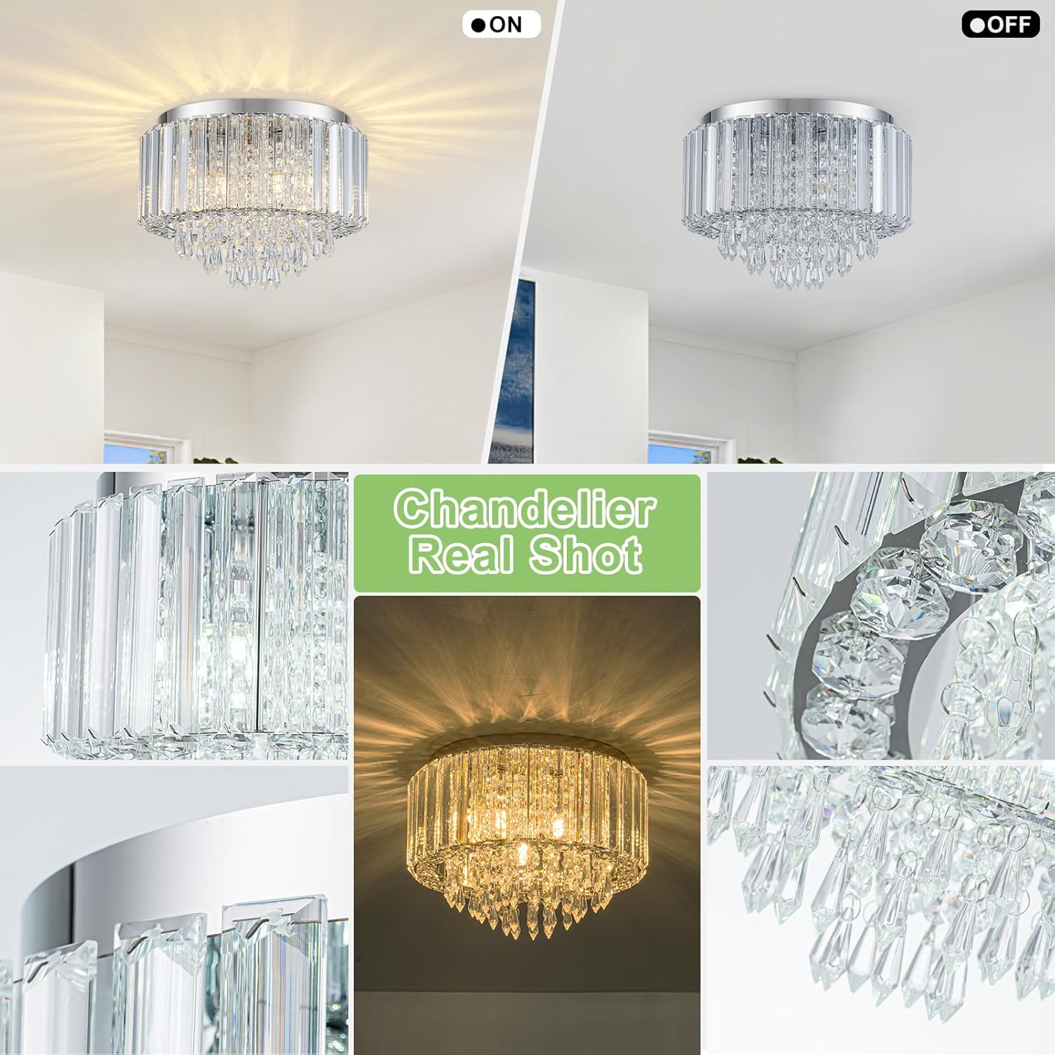 HOPGGIE 11.8 Inch Crystal Chandelier Modern Chandelier Light Mini Chandelier Semi Flush Mount Ceiling Light Fixture Small Chandelier for Bedroom Hallway Kitchen Foyer Closet (Chrome)