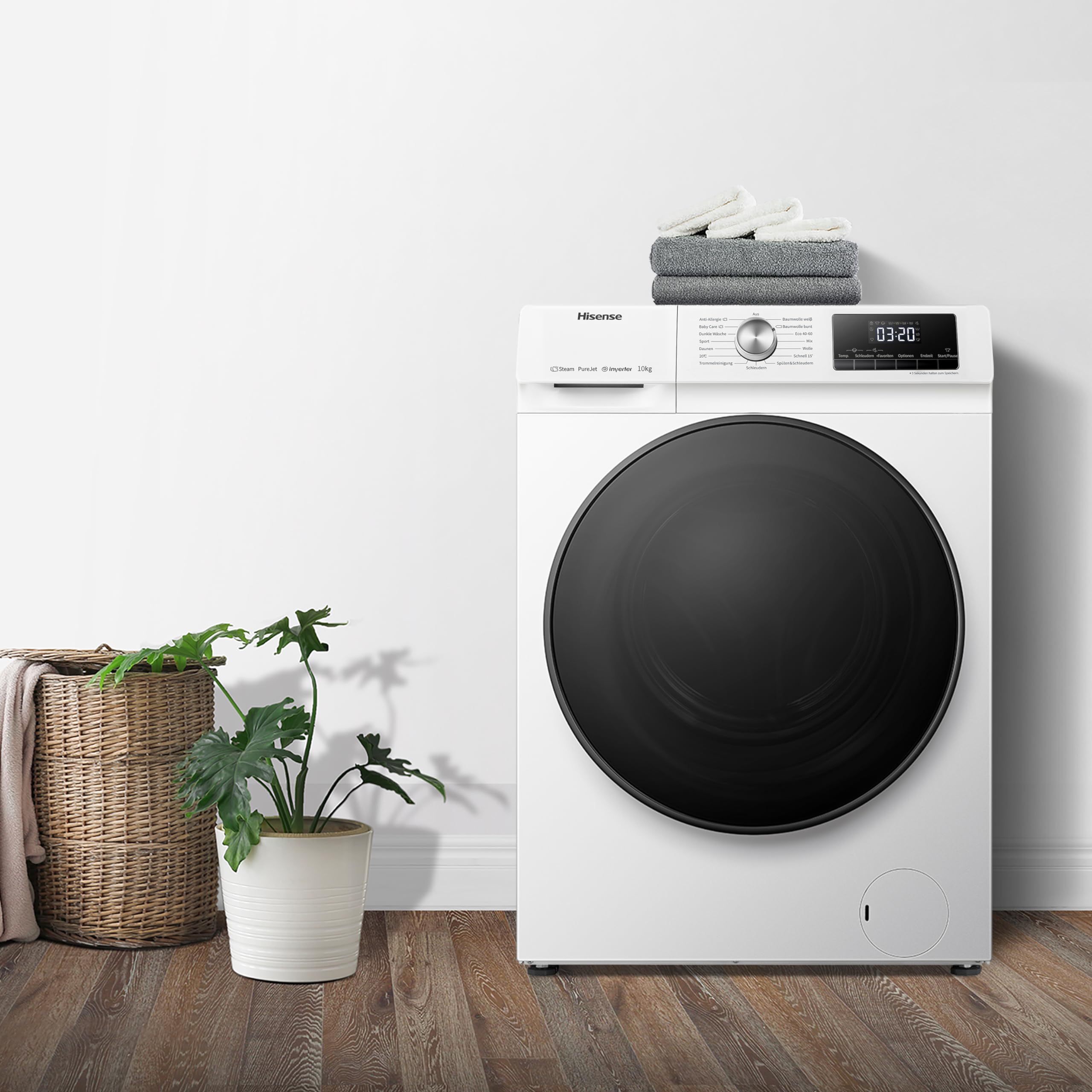 Hisense WFQA1014EVJM Waschmaschine mit Dampffunktion/10 kg/AquaStop /1400 U/min /15 Programme/Inverter PowerDrive Motor/Edelstahltrommel/Kindersicherung/Trommelreinigung/Weiß