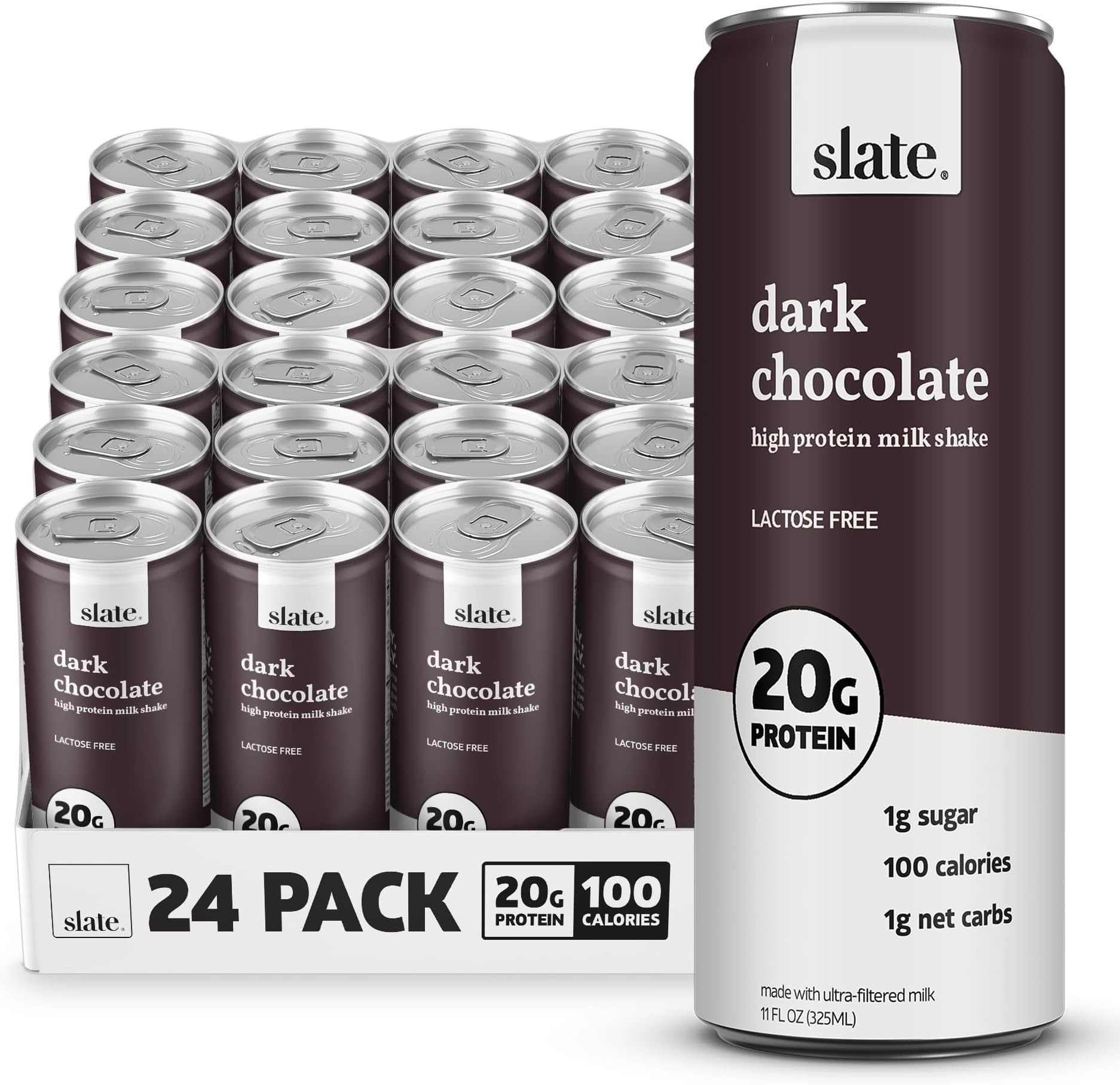 Slate Milk - High Protein Milk Shake - Dark Chocolate - Lactose Free, 20g Protein, 1g Sugar, 100 Calories, 1g Net Carbs, No Added Sugar - Natural, Breakfast Boost, Post Workout - 11 fl oz, 24 Cans