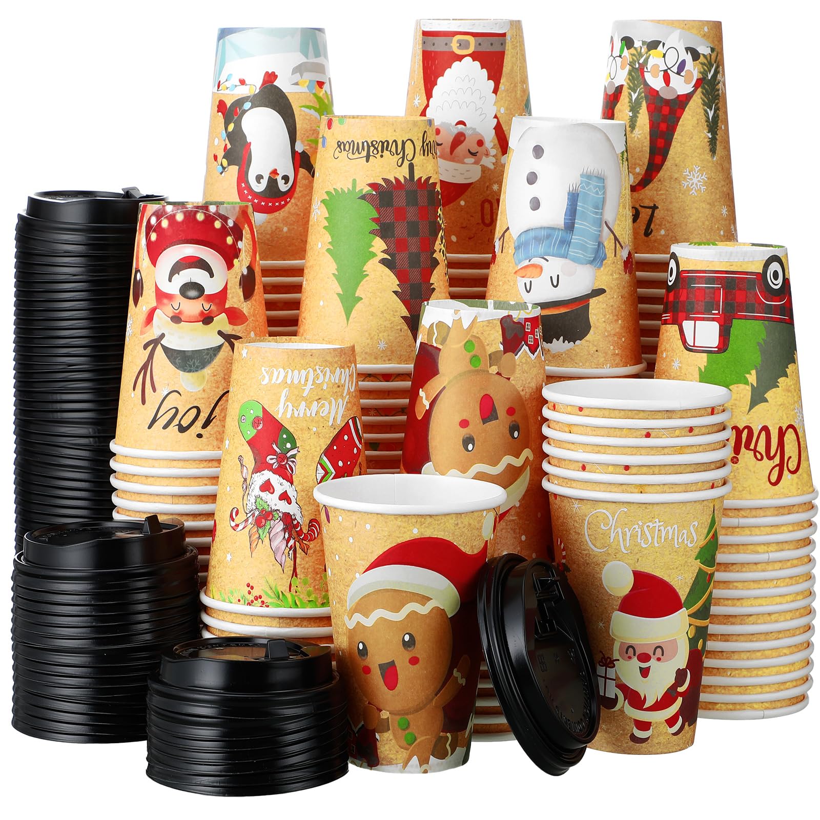 200 Pcs Christmas Disposable Coffee Cups with Lids Insulated Disposable Paper Cups Xmas Designs of Cute for Hot and Cold Drinks Tea Water Coffee Bar Supplies Winter Season (Santa,16 oz)