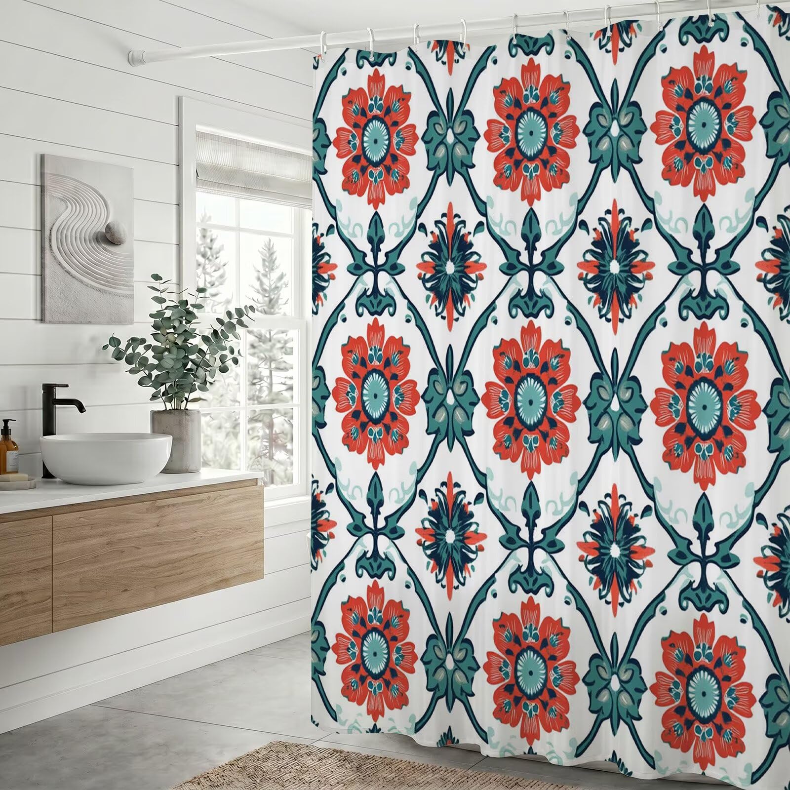 Duschvorhang 300 x 200 cm Stoff für Badezimmer & Badewanne, Wasserabweisend Duschvorhänge mit Beschwerter Saum & Bleiband, Blickdicht Textil Vorhang Polyester Waschbar inkl Ringe (Rot Blume), Q-o417