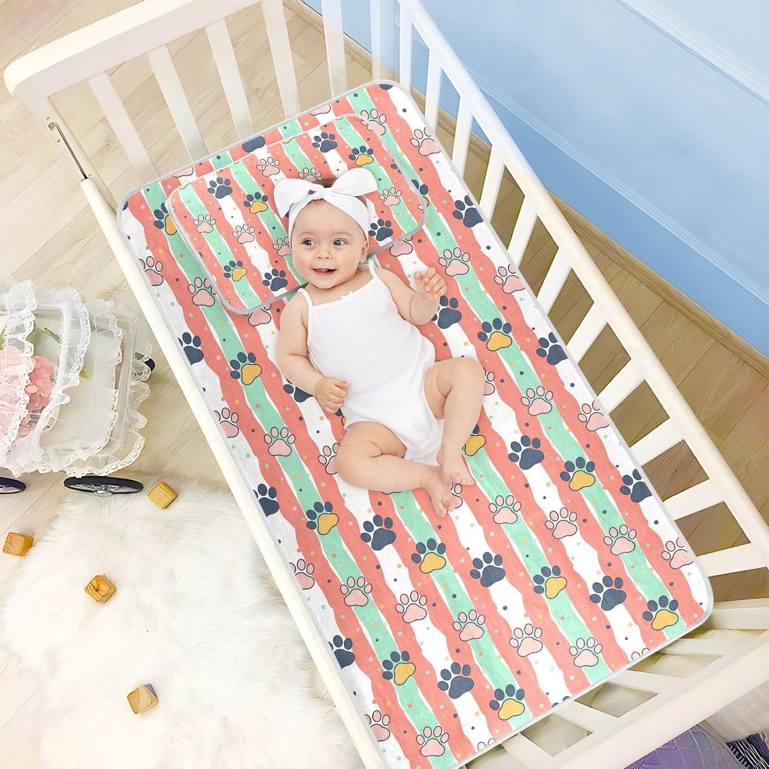 Baby Cooling Mat Paw Print Stripes Ice Silk Breathable Mesh Summer Crib Mattress Pad with Pillowcase, Soft Cooling Sleeping Surface for Infant & Toddler, 52"x28"