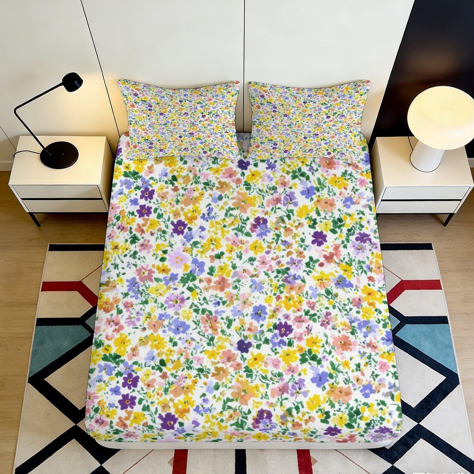 Kzqnxhjprl Style-5 3D Printed Colorful Floral Fitted Sheet Microfiber Soft Vibrant Meadow Bed Cover Anti-Slip Machine Washable For Bedroom Guest Room 90X200x25cm