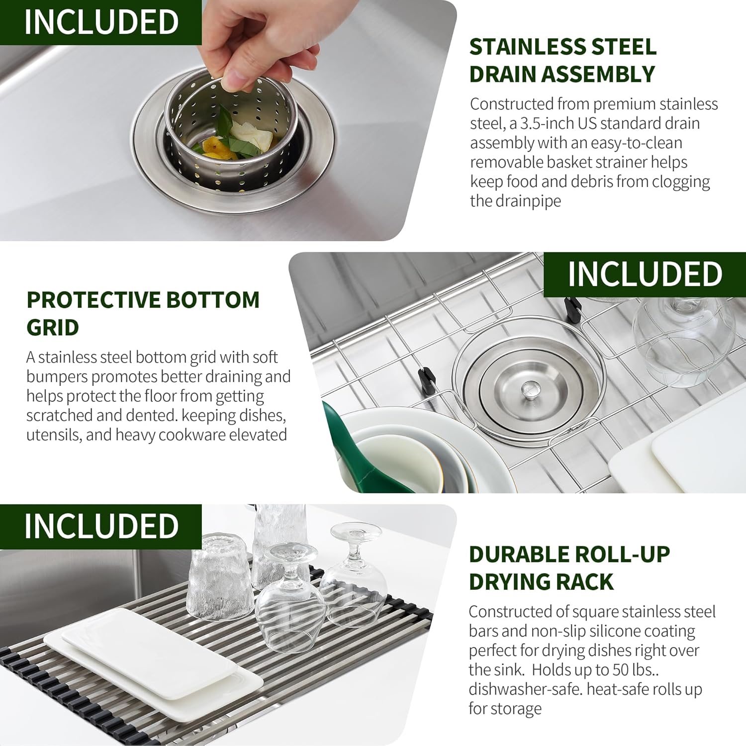 Close-up images of the SINKVINE sink's included accessories: a stainless steel basket strainer drain assembly, a protective bottom grid, and a durable roll-up drying rack.