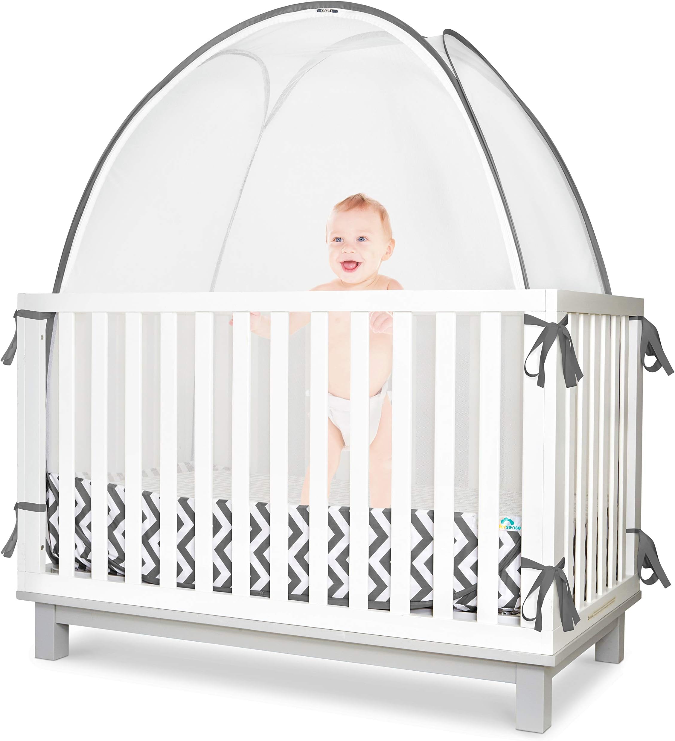 KinderSense - Baby Crib Safety Tent | Premium See Through Mesh Sturdy Pop Up Canopy Cover Mosquito Net | Prevent & Protect Infant Child from Climbing Out of Bed & from Insects Bugs | CPSC Tested Safe