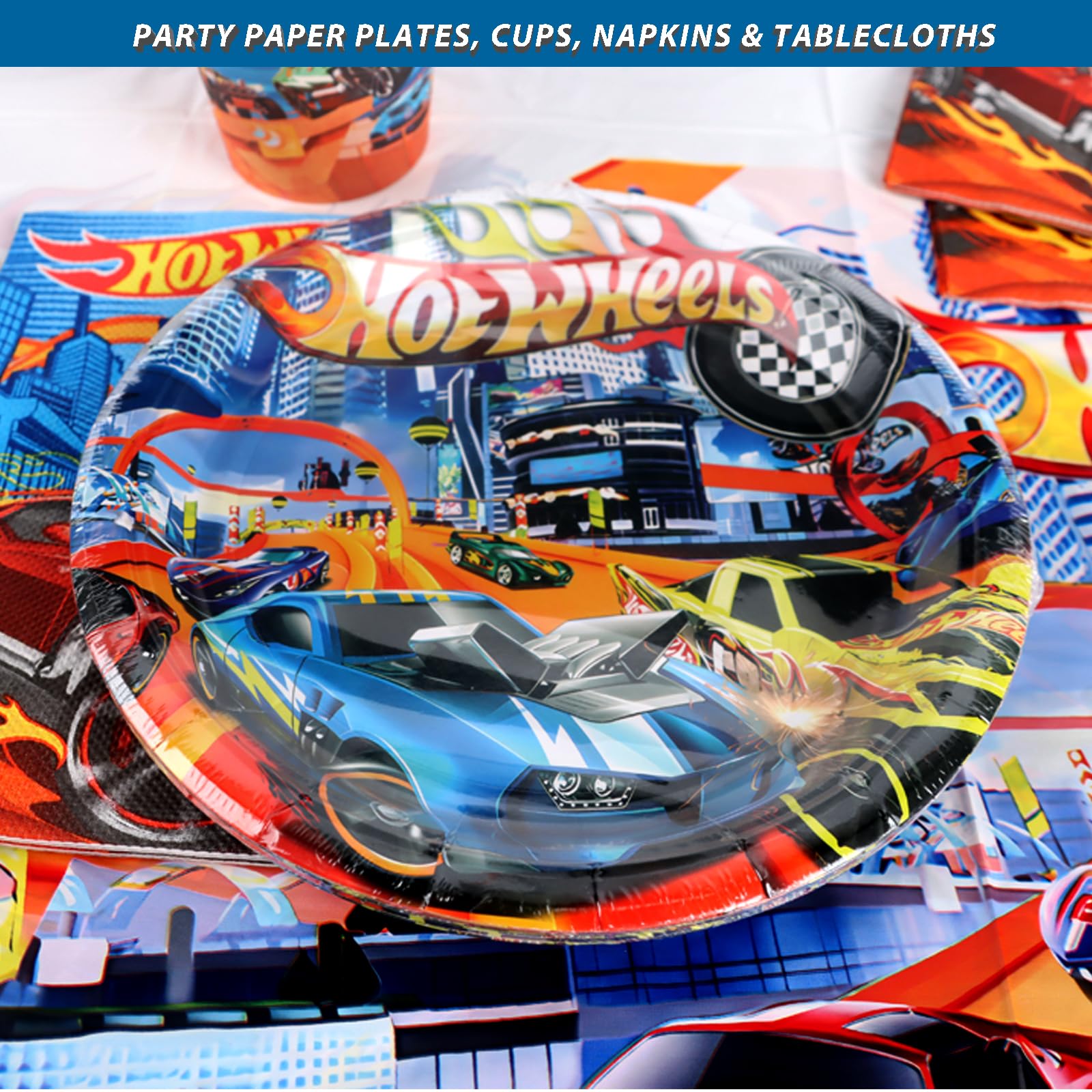 NVKRLFYD Kit Compleanno Cars - 51 Pezzi Decorazioni Con Piatti, Tazze, Tovaglioli e Set di Stoviglie per Feste
