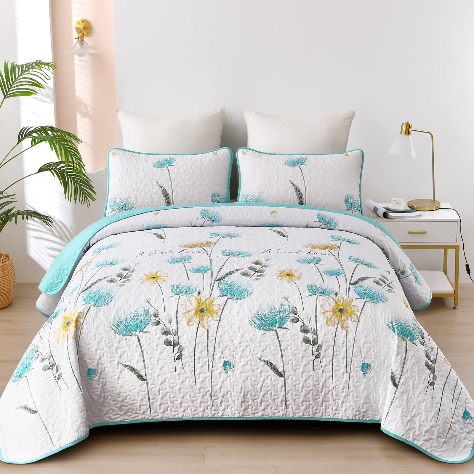 Dinjoy Aqua Quilt Set King, 3 Pieces Boho Floral Bedspreads, Fall Bedding