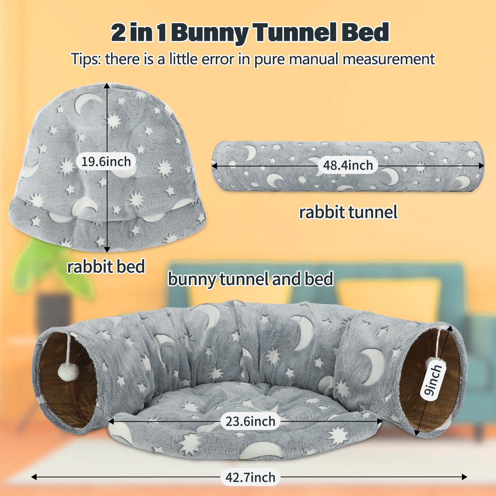BWOGUE Hasentunnelbett, 2-in-1 zusammenklappbare Tunnelröhren, Spielzeug mit abnehmbarer Matte, Versteck für Katzen, Kätzchen, Kaninchen, Meerschweinchen, Kätzchen
