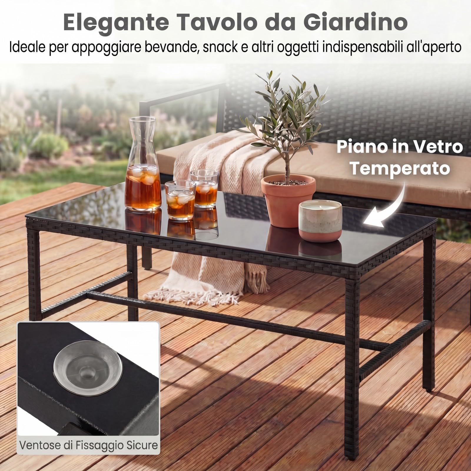 SOARS Set Salotto da Giardino in Rattan 4 Pezzi, Set Mobili da Eterno con 2 Poltrone, Divano a 2 Posti, Tavolino con Piano in Vetro Temperato e Comodi Cuscini per Cortile, Bordo Piscina (Marrone)