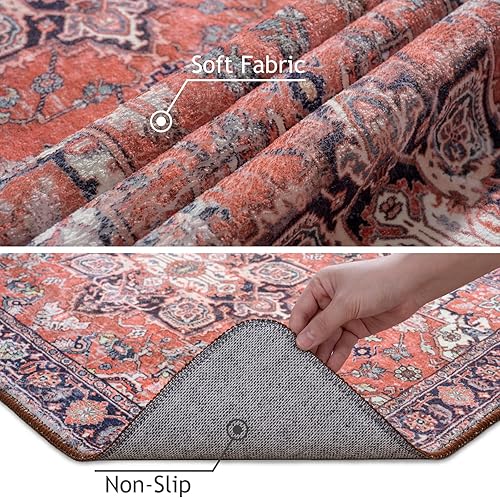 Miniatura 9 de Toneed Alfombra de área vintage, 4 x 6 pies, alfombra roja con parte trasera de goma, antideslizante, lavable para dormitorio, sala de estar,