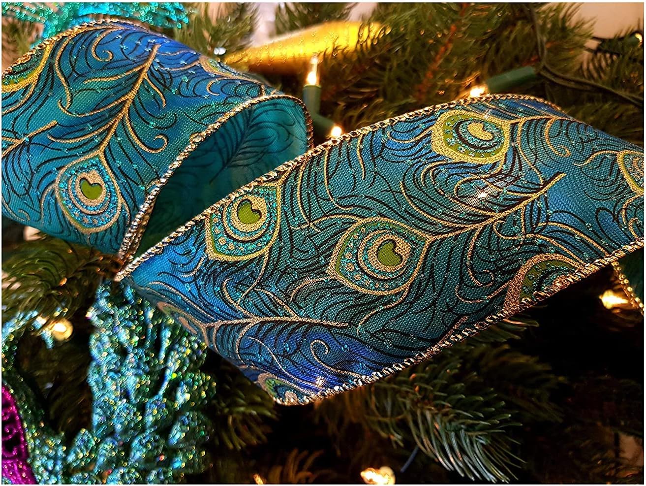 Luxury Peacock Feather Taffeta Green Teal 2.5" / 6.3cms Wide Wire Edged French Ribbon Birthdays Christmas etc (5m)