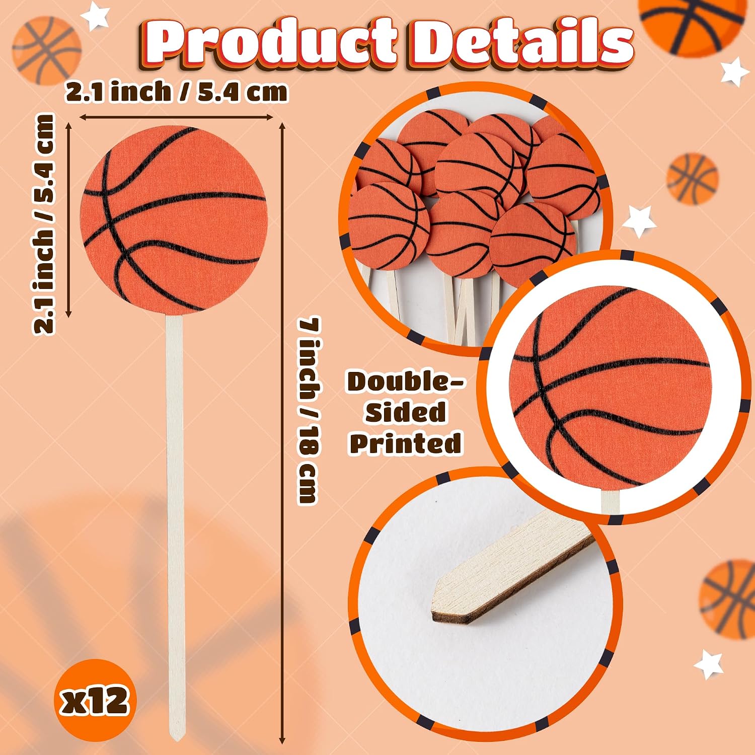 TICIAGA Basketball Wooden Floral Picks - 12PCS Double-Sided Sports Decorative Sticks, 7 Inch Basketball Vase Fillers for Table Centerpiece, Sports Birthday Party, Baby Shower, Home Outdoor Decor