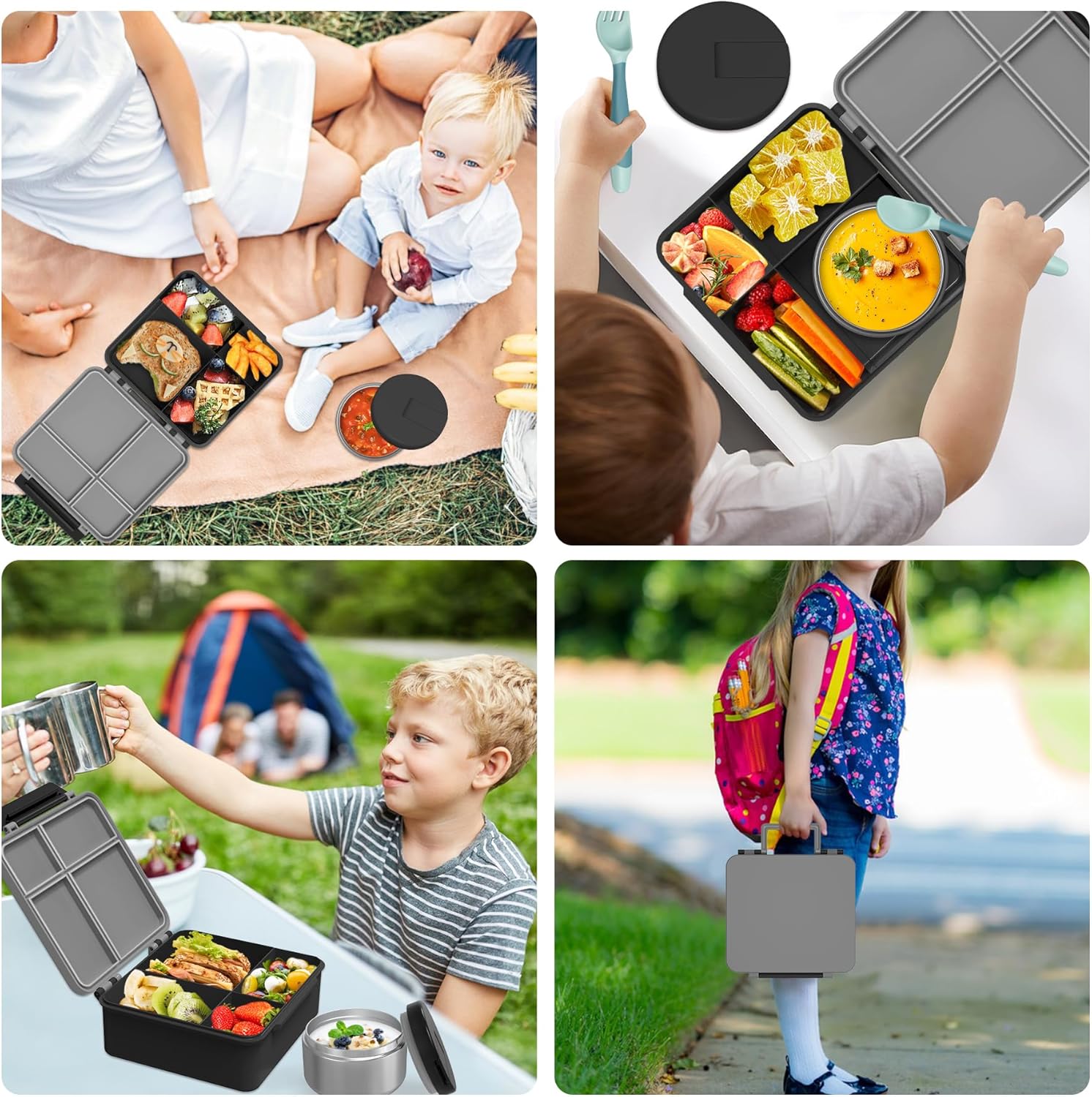 Aimsnk Kids Bento Lunch Box with 8oz Soup Thermo, Kids Leakproof Lunch Food Containers with 4 Compartment,Insulated Hot Food Jar with Lunch Bag for School, Travel (Black)