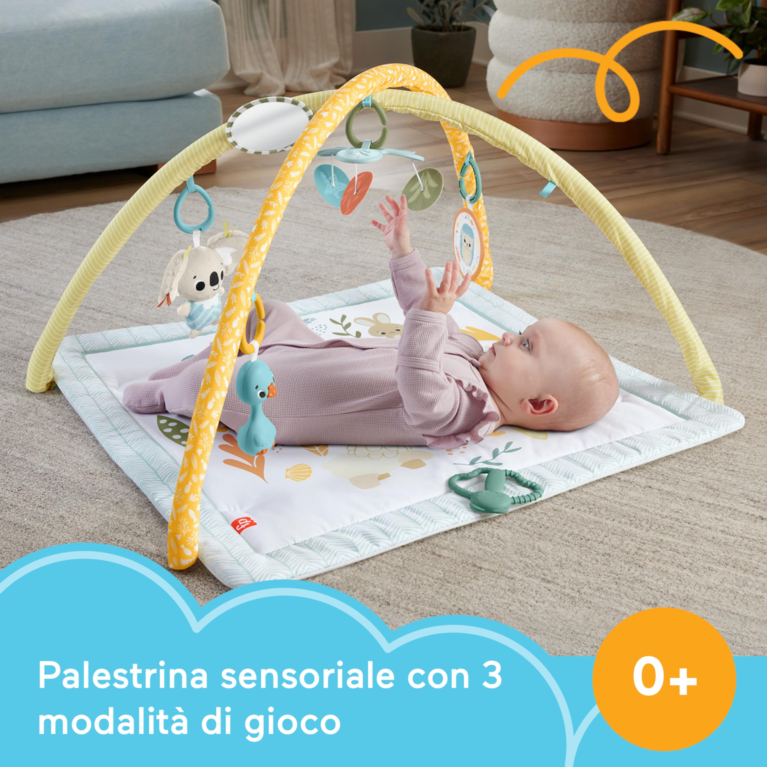 Fisher-Price Simply Senses Palestrina Neonato Tummy Time | Tappetino gioco lavabile e 6 giochi interattivi, mobile, stimola sensi e motricità. Neonati da 0 mesi, JMN74