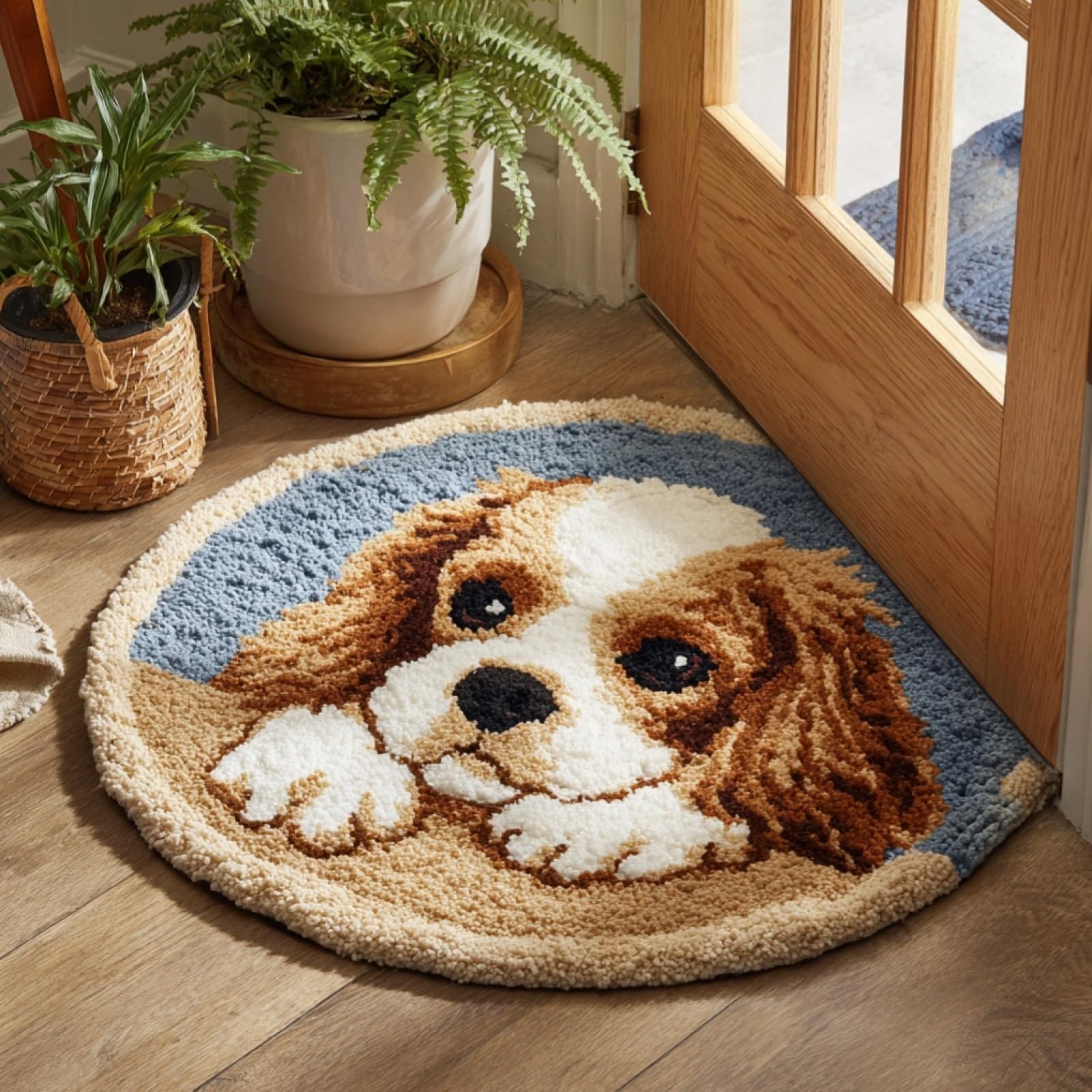 WallustrioaW Latch Hook Rug Kits for Adults,Charles Spaniel,Crochet Kits for Beginners,DIY Cross Stitch Cushion Craft with Yarn and Crochet Hook,50x50cm