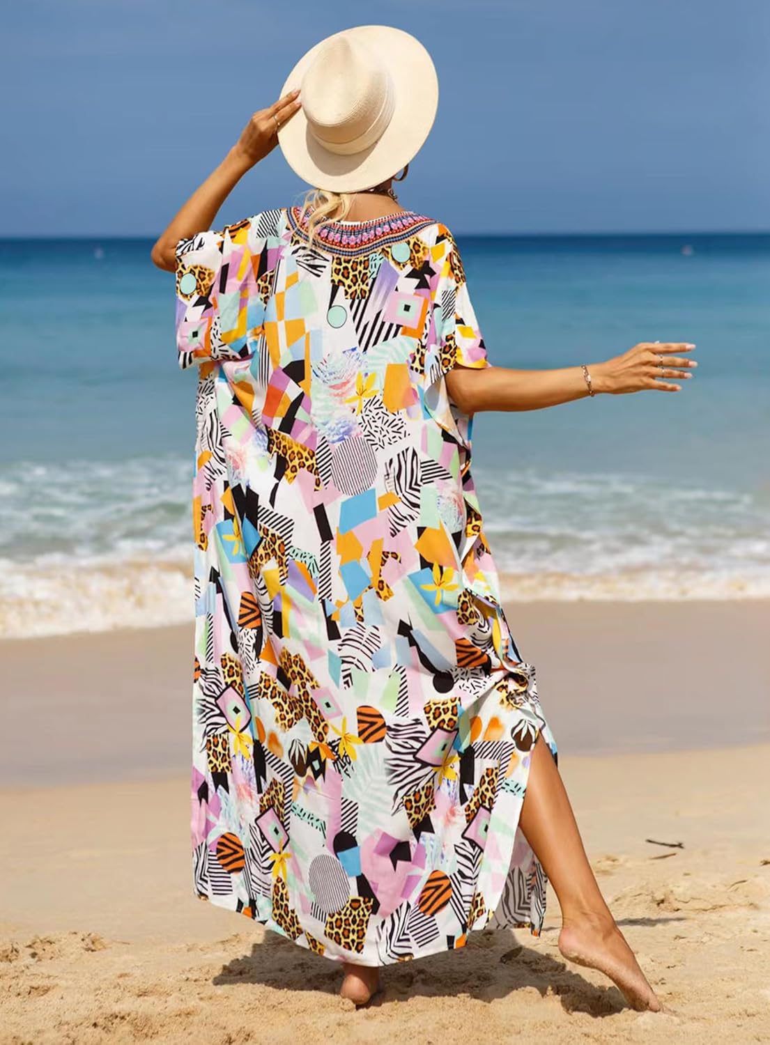 Women's V-Neck Batwing Sleeve Kaftan Dress Lightweight Beach Swimwear Cover Up for Mumu Tropical Vacation - Image 6