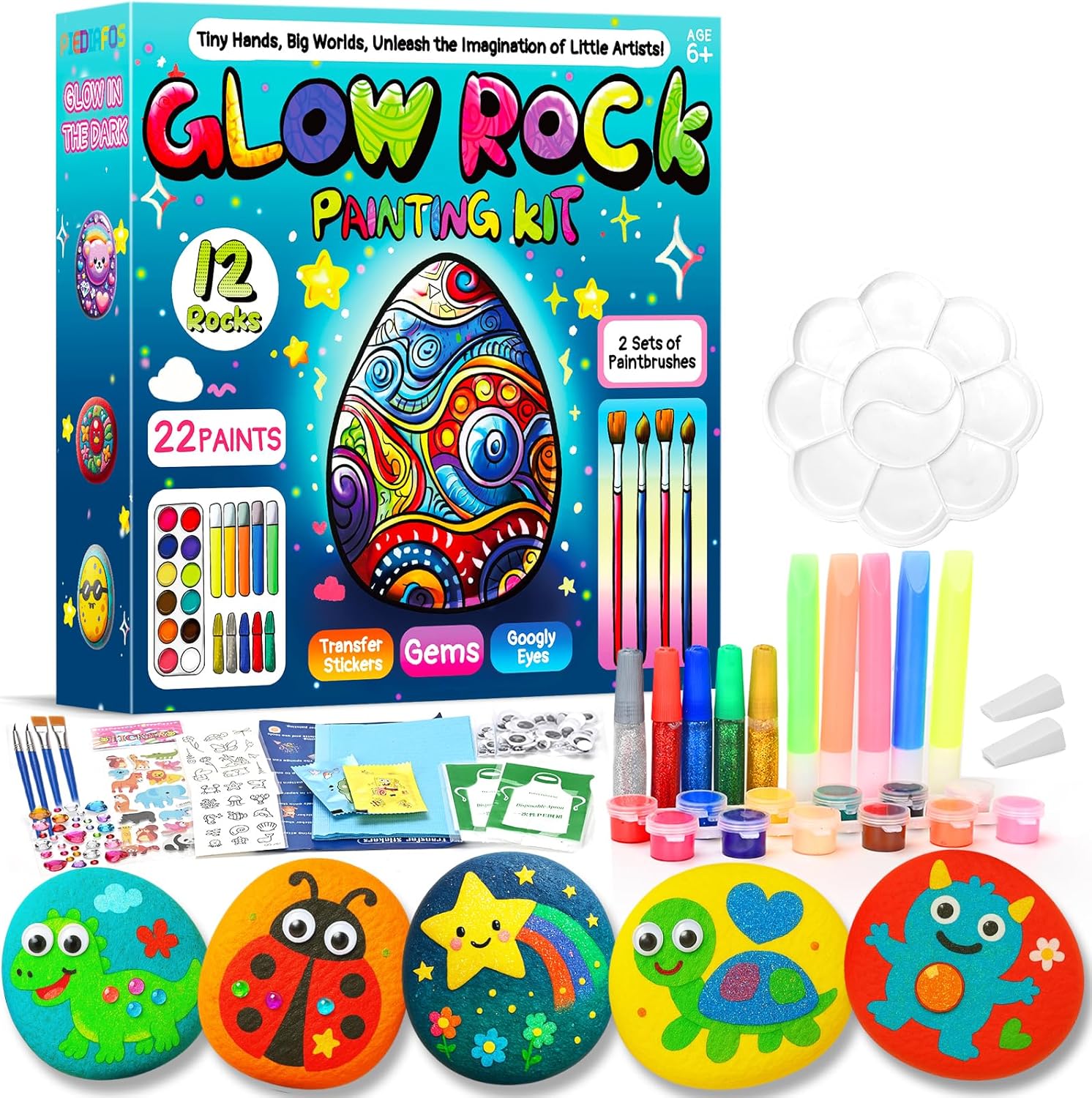 Rock Painting Kit for Kids Ages 6–12, Arts & Crafts Set, Creative Art Toys, Glow-in-the-Dark Rocks to Paint, Gifts for Birthdays & Holidays, Stocking Stuffers