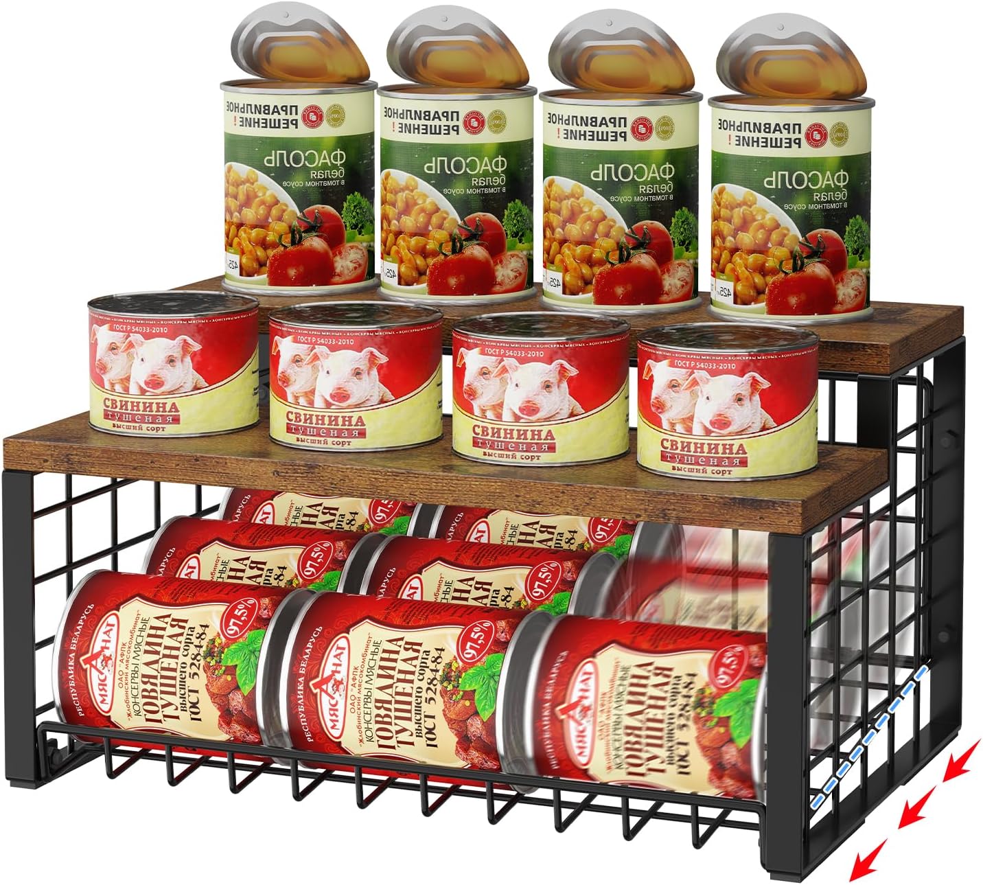 2-Tier Display + Rolling Can Storage Rack, Dual-Use Can Organizer Holds Up to 22 Food Cans, Soda Canned Goods Storage Holder with Non-Slip EVA Pads for Pantry, Cabinet, Countertop