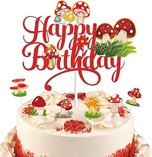 7Pcs Mushroom Happy Birthday Cake Topper Red Glitter Fairy Birthday Cake Decoration Woodland Birthday Party Supplies for Boys Girls Kids