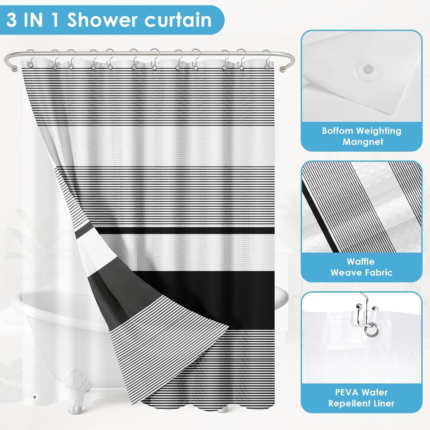 Shower Curtain and Liner, Black Striped 3 in 1 Shower Curtain and PEVA Liner Set with 12 Rust-Resistant Metal Hooks, Waterproof Fabric Shower Curtains for Bathroom, 72 W x 72 H