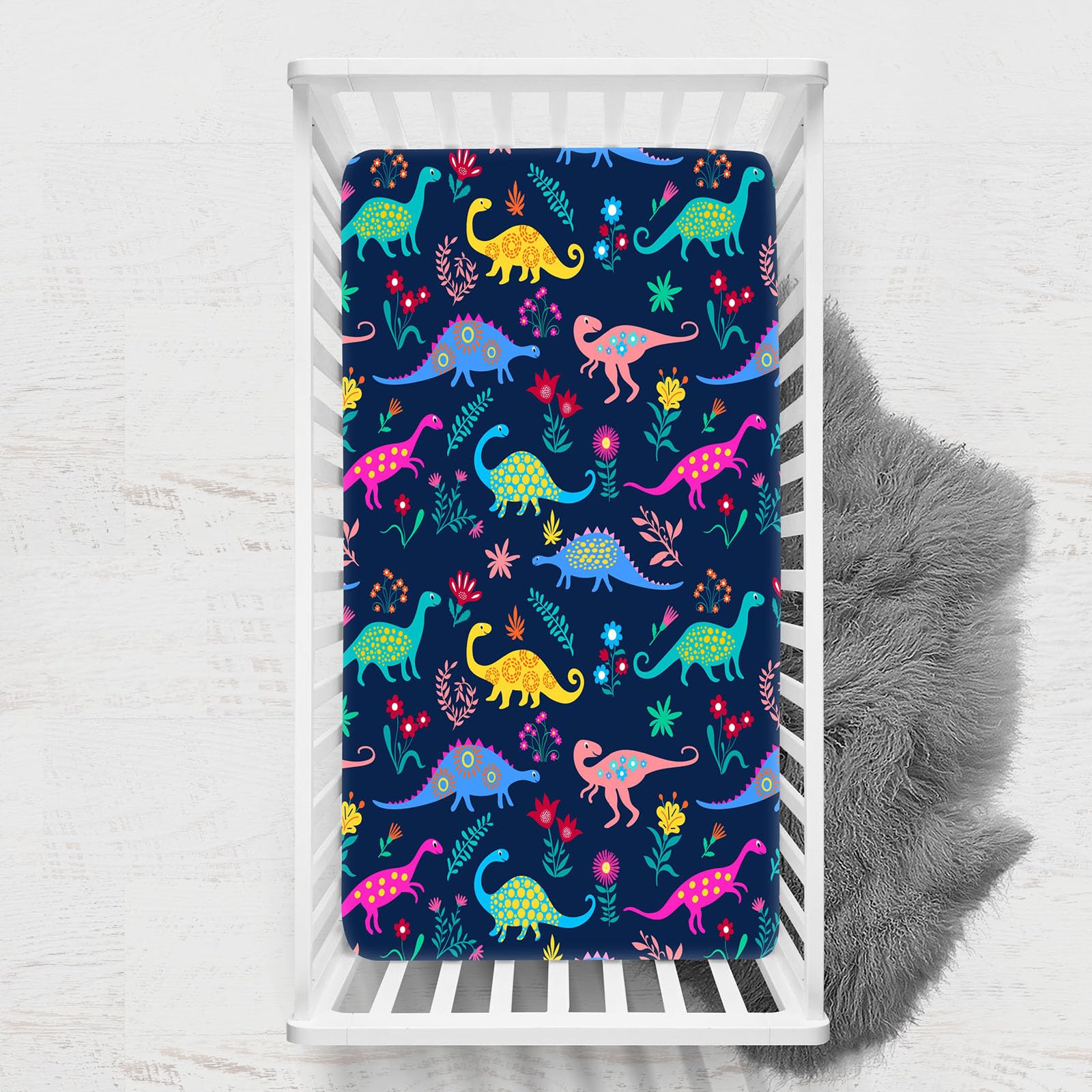 Odot Cot Bed Sheets, Dinosaur Print Bedside Cribs Fitted Sheets, Baby Bed Sheets Microfiber Cot Bed Mattress Protector, Bassinet Sheets, Easy Care Soft and Dureable (Navy Blue,33x75 cm)