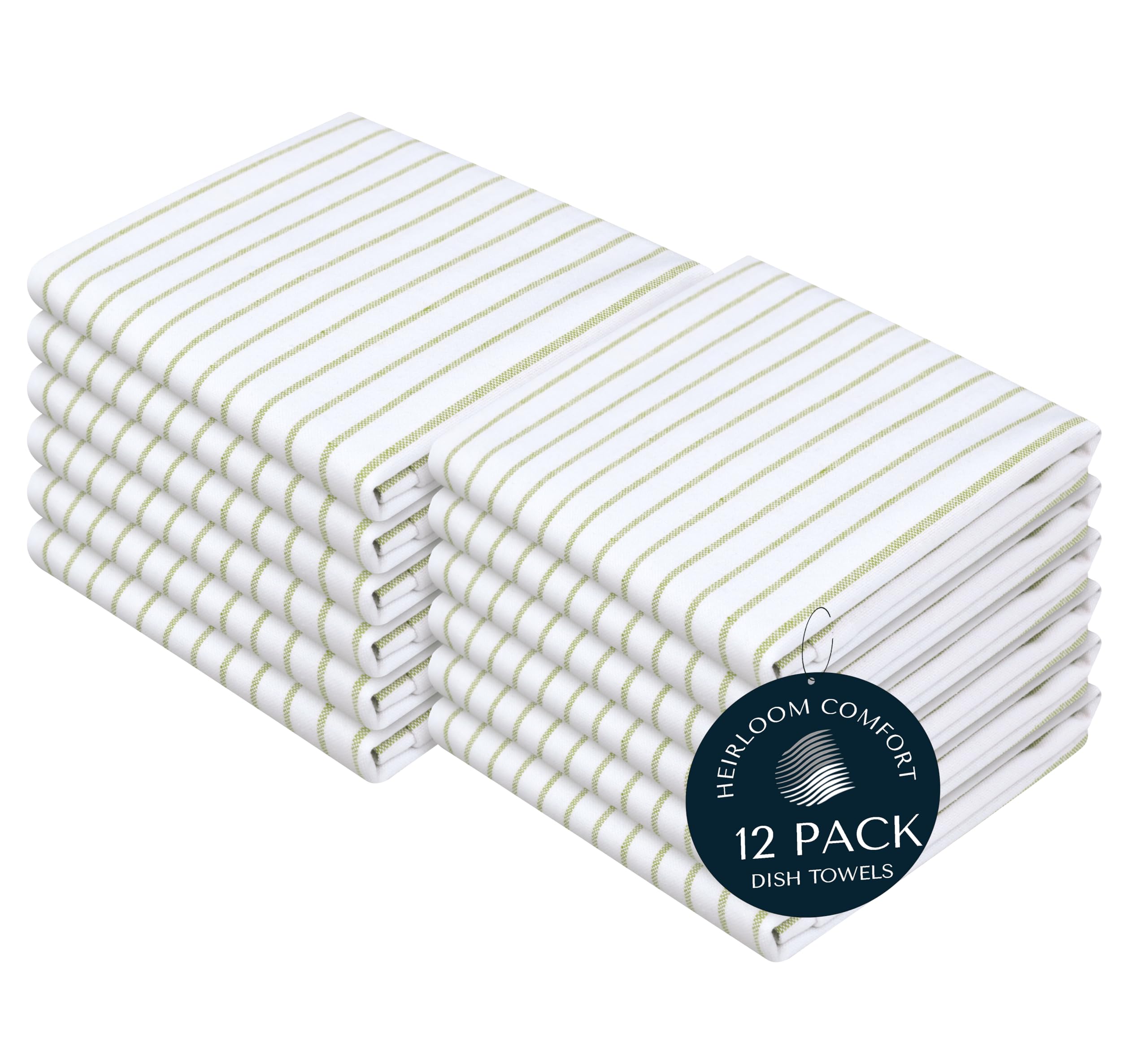 HEIRLOOM COMFORT Lemon Green Stripe Kitchen Towels (12 Pack), 100% Cotton, Classic Striped, Super Absorbent & Durable Dish Cloths, Quick Dry Towel Set for Drying Dishes, Everyday Kitchen Cleaning