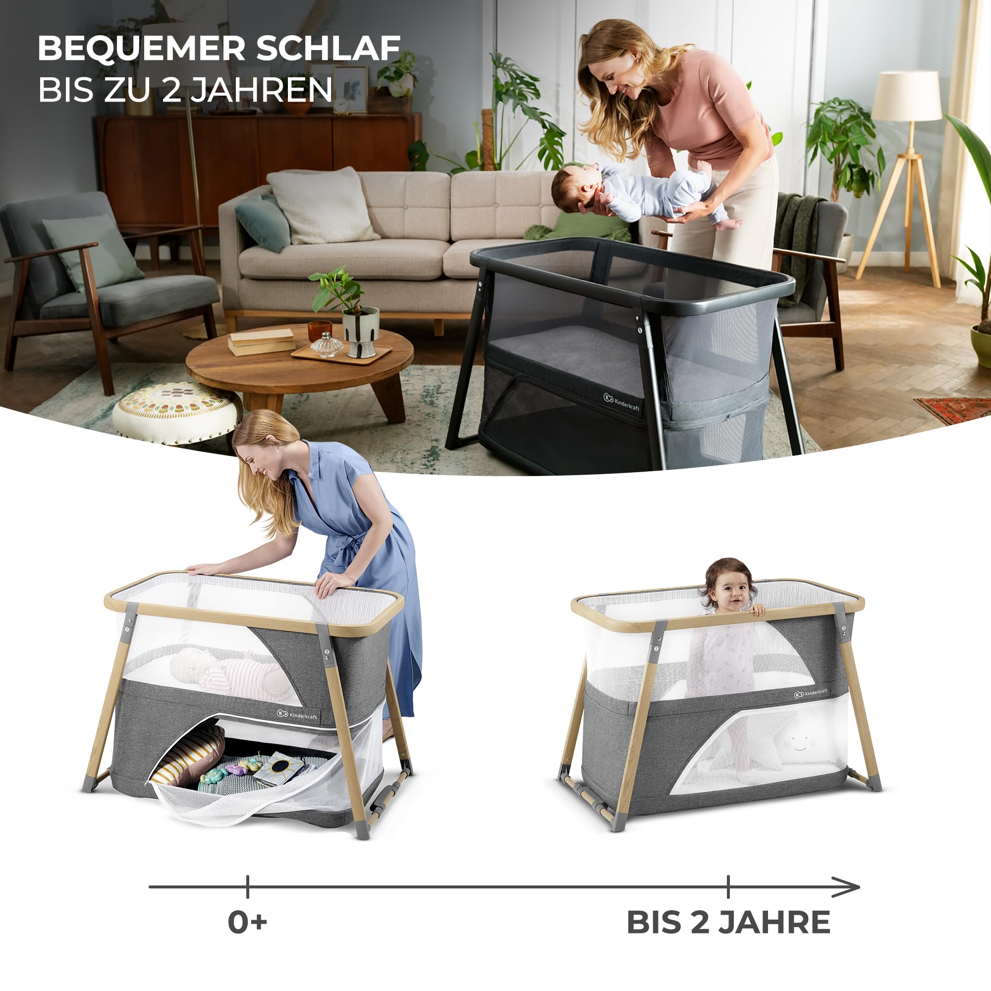 Kinderkraft Kinderreisebett 4 in 1 SOFI, Babybetten, Kinderbett, Baby Zustellbett, Reisebett mit Zubehör, mit Laufgitterfunktion, Modernes Design, Kleine Abmessungen nach Zusammenklappen, Grau