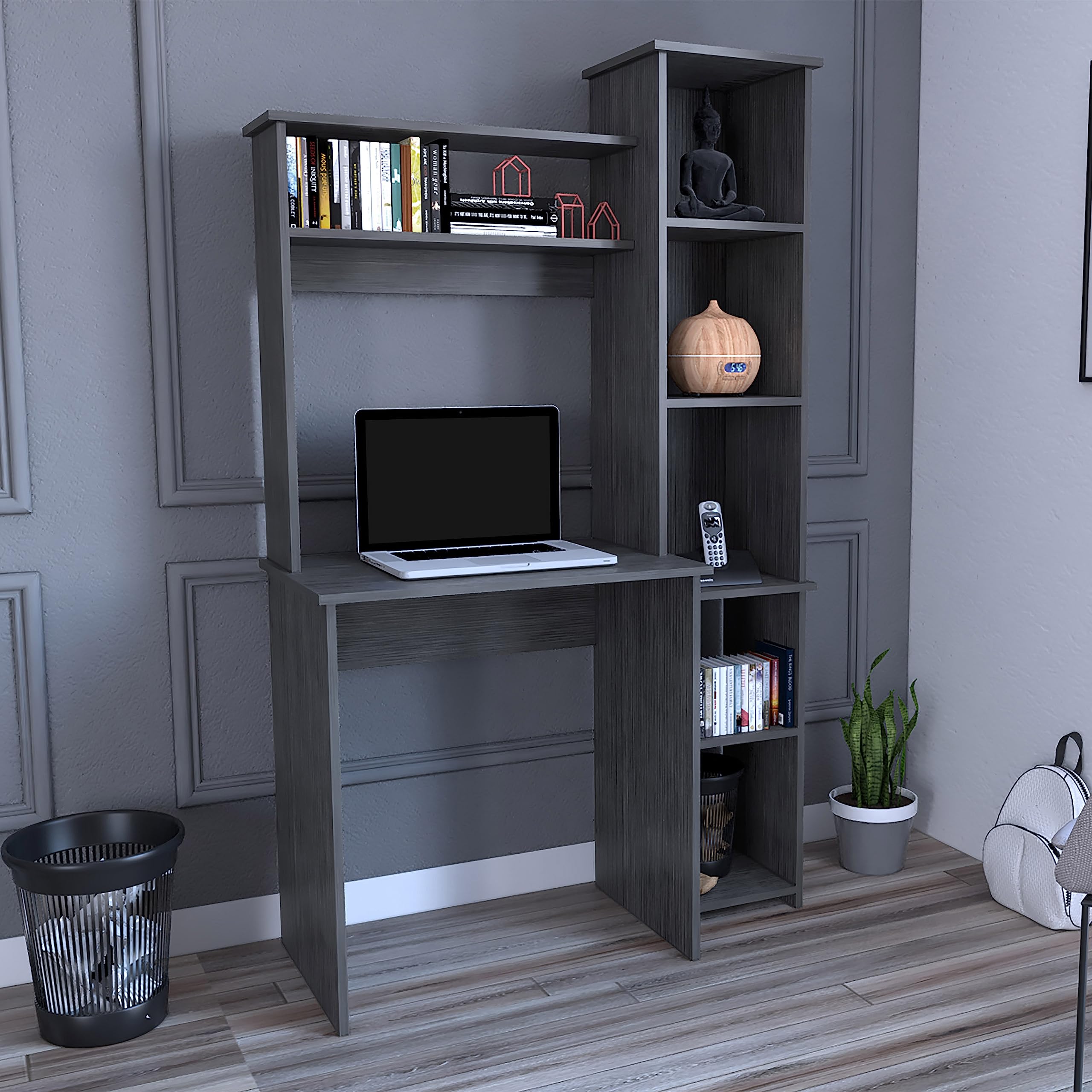 FEMICON Versalles Writing Desk for Inspired Productivity, Sturdy with Two Superior Shelves and Five Cubbies, Smokey Oak Finish