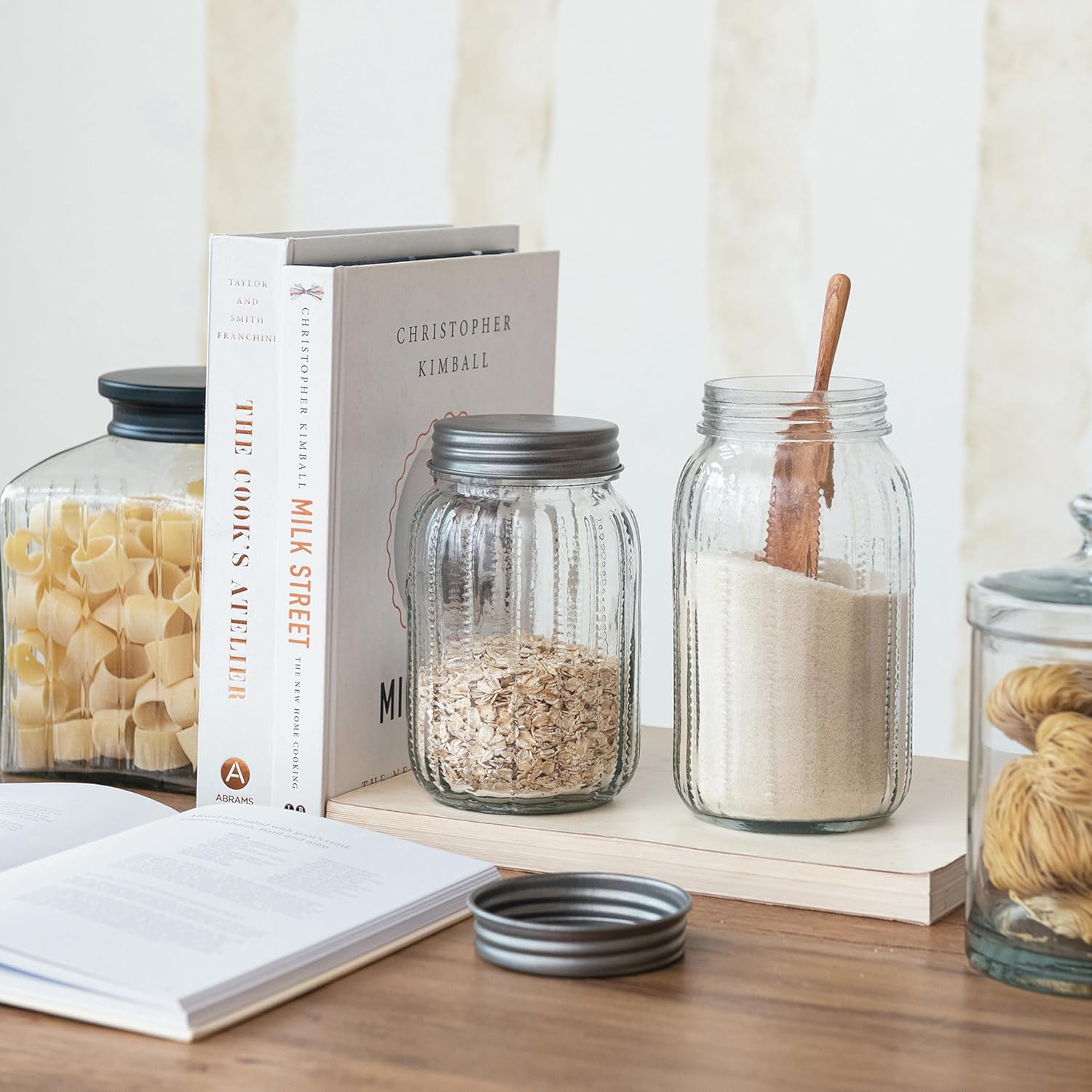 Creative Co-Op, Clear Tall Embossed Glass Jar with Metal Lid Coffee, Small