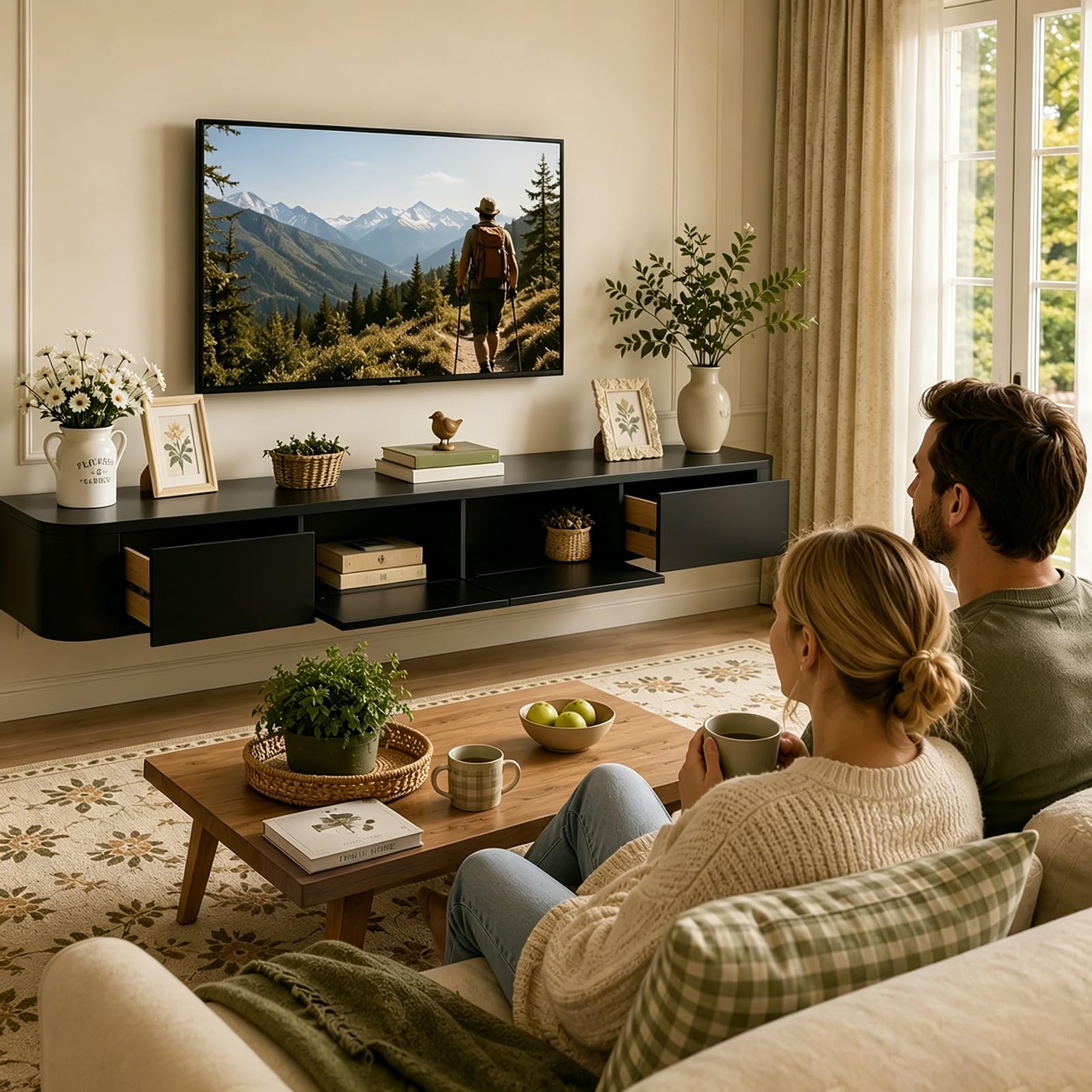 Pływająca szafka telewizyjna, montowana na ścianie, stojąca lub wisząca szafka pod telewizor, centrum rozrywki, konsola multimedialna, do salonu i biura (czarna, 140 x 24 x 20 cm)