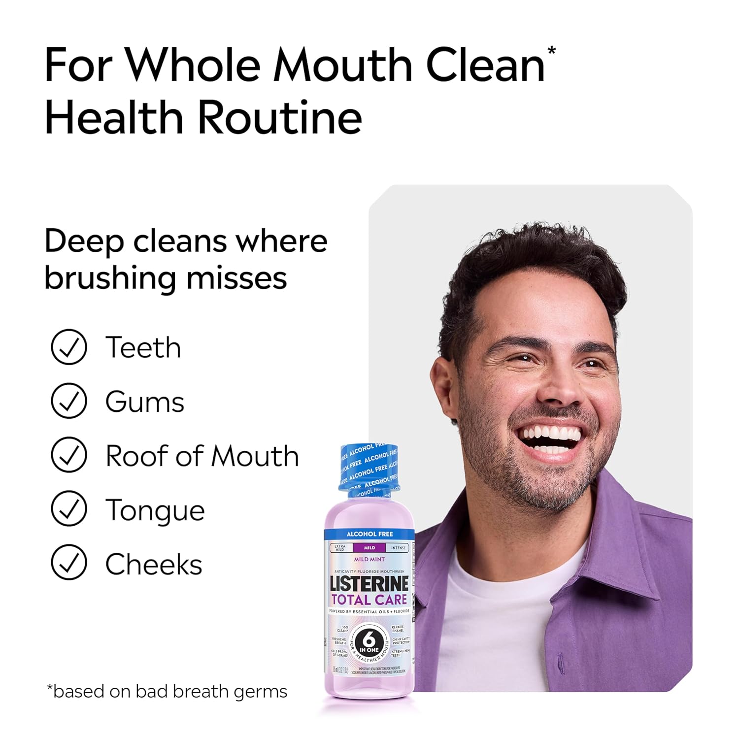 Listerine Total Care Alcohol-Free Mild Mouthwash, 6 Benefit Oral Rinse to Help Kill 99.9% of Germs That Cause Bad Breath, Strengthen Enamel, Mild Mint Flavor, 95 mL