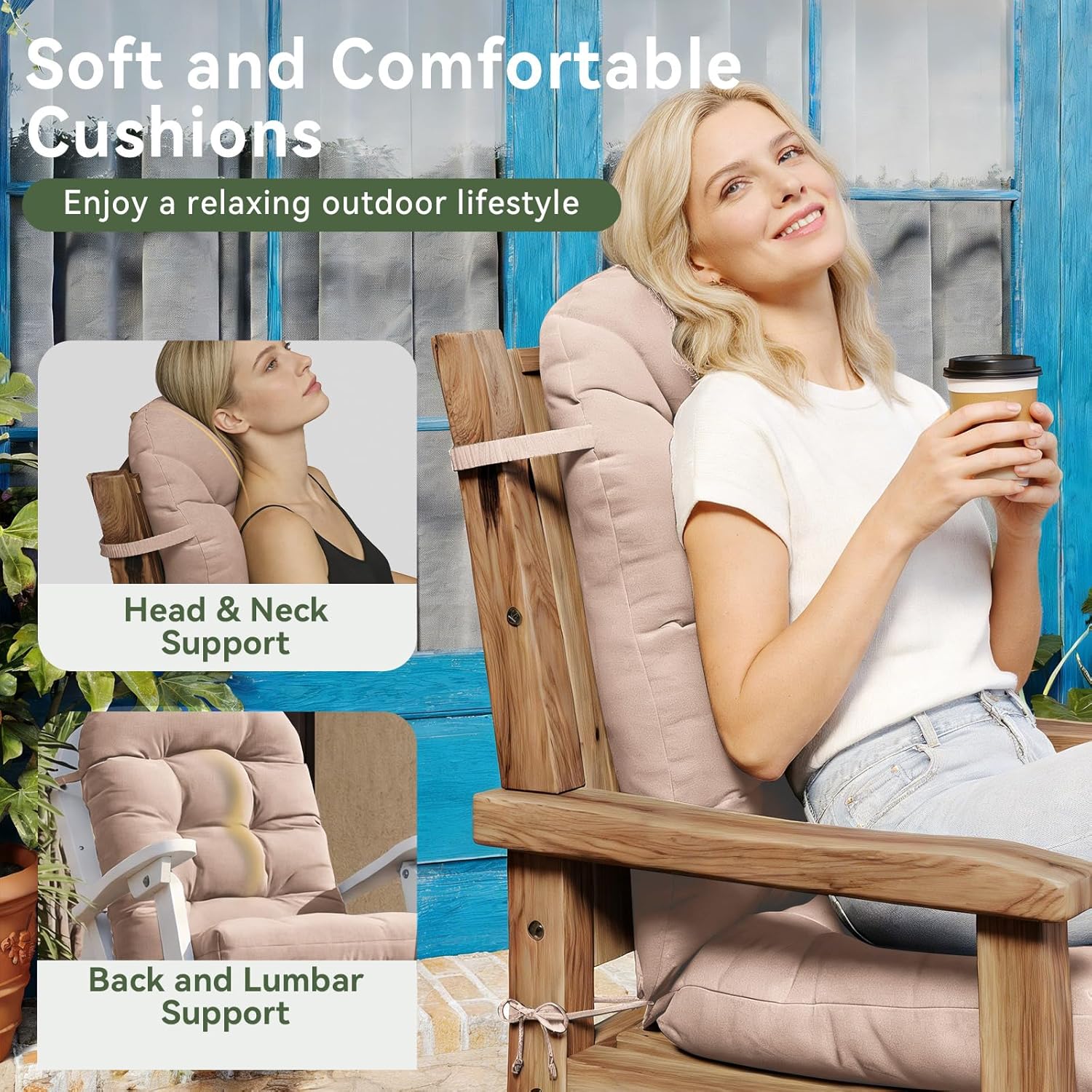 Aoxun Adirondack Chair Cushion, Indoor/Outdoor Rocking Chair Cushion with Ties, Thickened High Back Patio Chair Cushions with High Elasticity PP Cotton Water-Resistant, 2-Pack, Beige