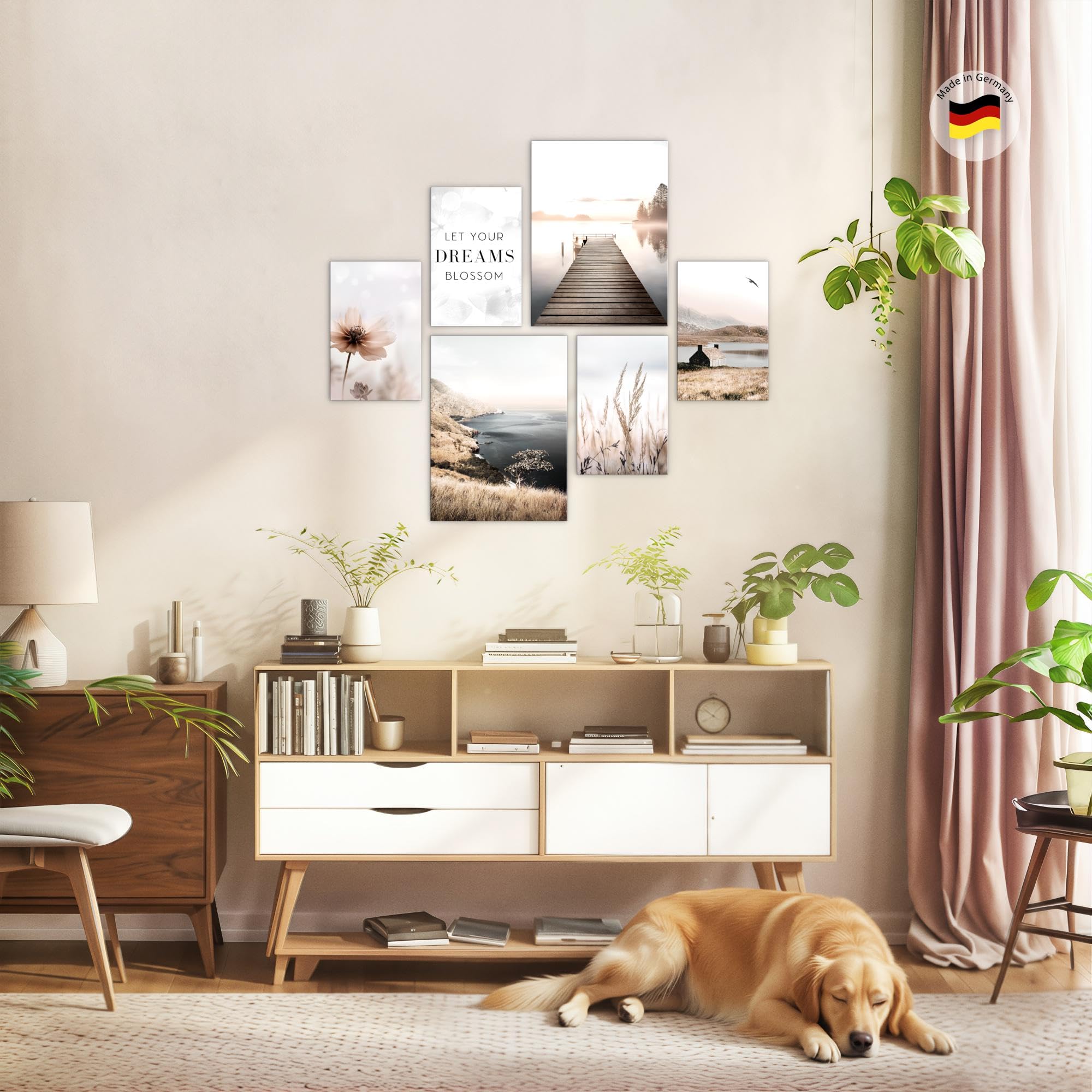Novart Wandbilder Set Natur See Boho Beige - KEIN EXTRA RAHMEN BENÖTIGT - Modern Deko - Wohnzimmer Schlafzimmer Flur N029263a