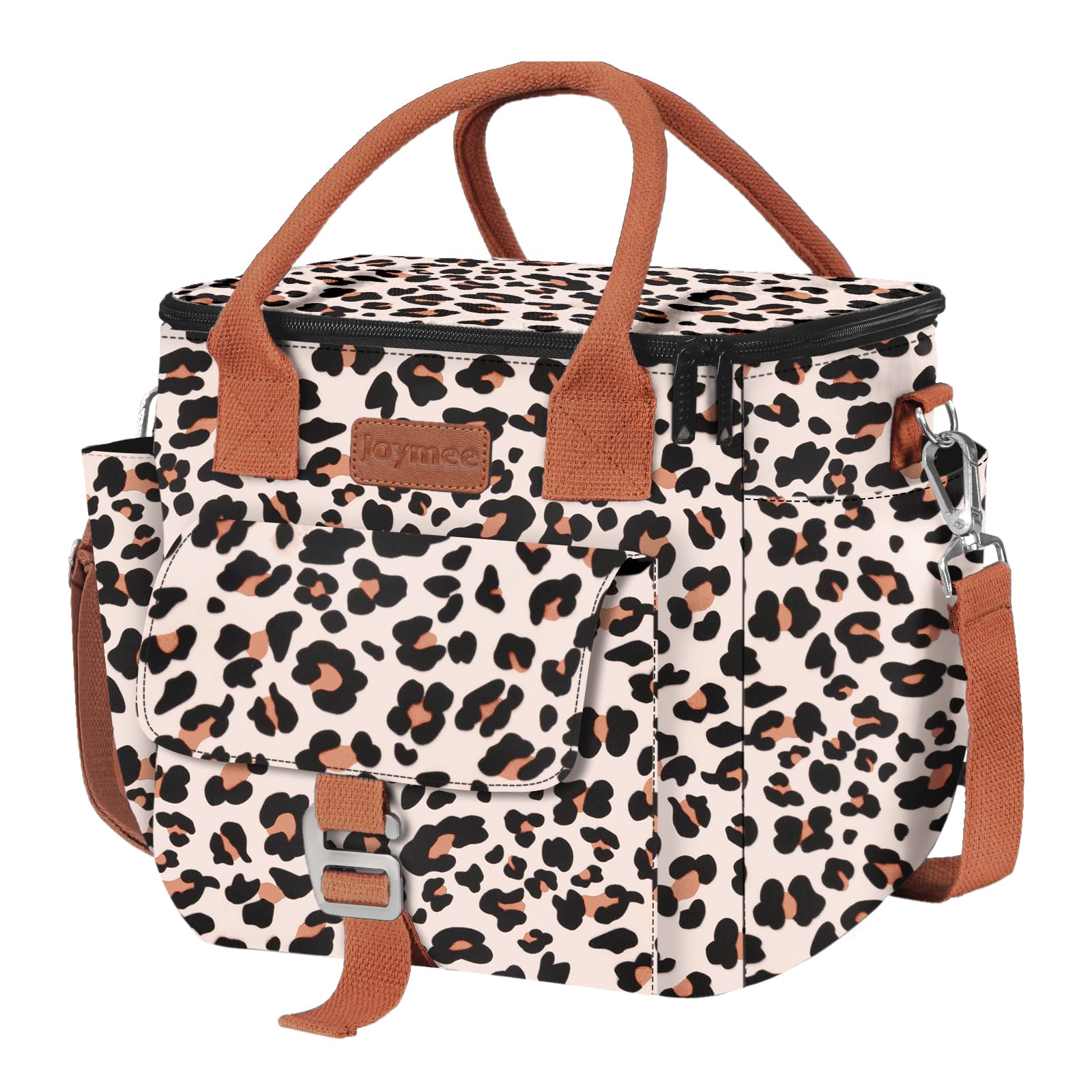 Joymee Insulated Lunch Bag for Women/Men, Waterproof Lunch Box for Office Work Picnic Beach, Reusable Large Leakproof Cooler Tote Bag with Adjustable Shoulder Strap & Side Pocket, Leopard Print