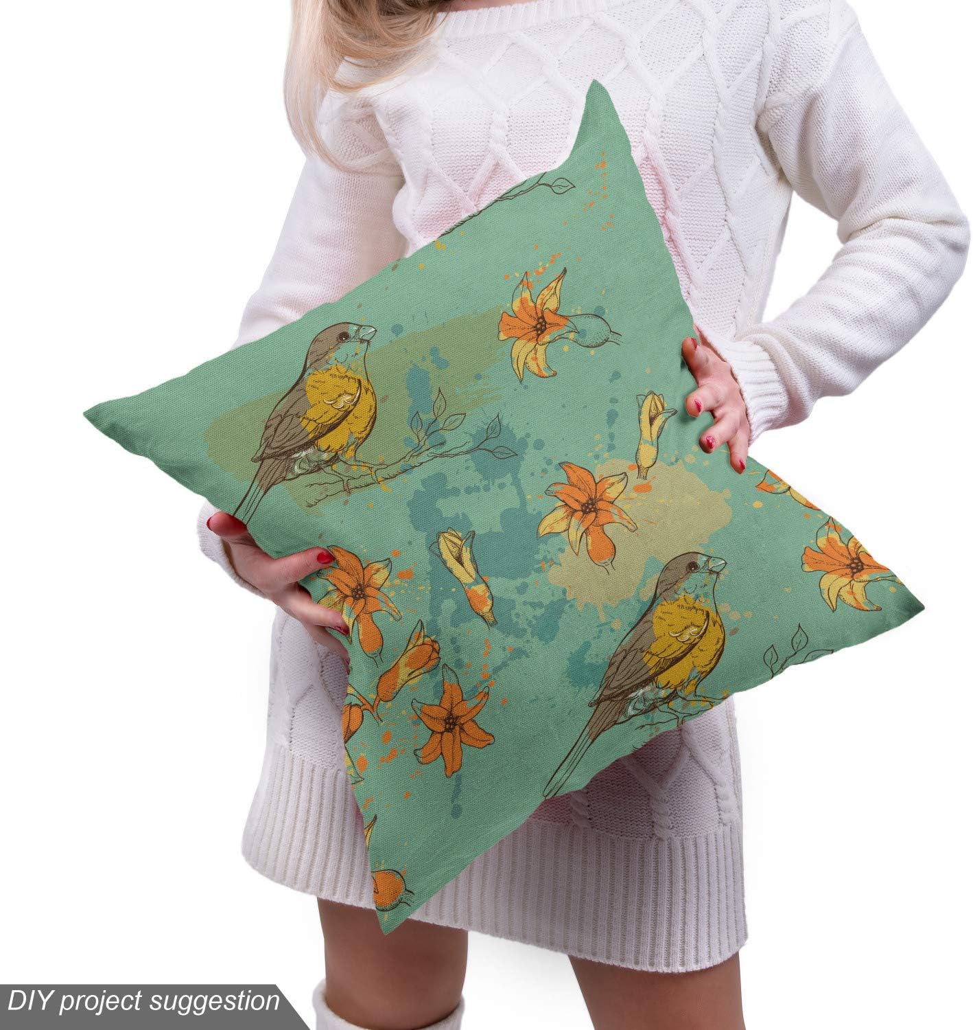Lunarable Floral Fabric by The Yard, Bullfinch Birds Hyacinth Flowers and Blots, Decorative Fabric for Upholstery and Home Accents, 3 Yards, Seafoam Marigold