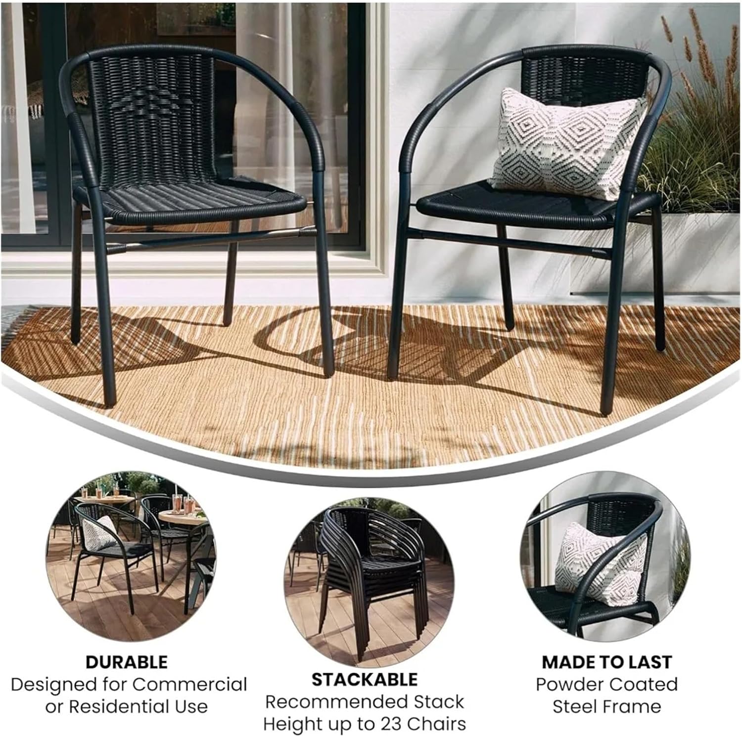 Dining Chairs Outdoor 1pcs Black Rattan Indoor-Outdoor Stack Dining Chairs with Curved Back