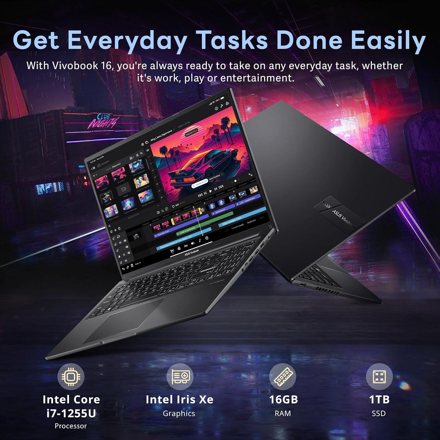 ASUS Vivobook 16" FHD WUXGA Laptop, Intel i7-1255U, 16GB RAM, 1TB PCle SSD, Intel Iris Xe Graphics, Numeric Keypad, Webcam, WiFi, Bluetooth, Win 11 Pro, Black (Renewed) image 2