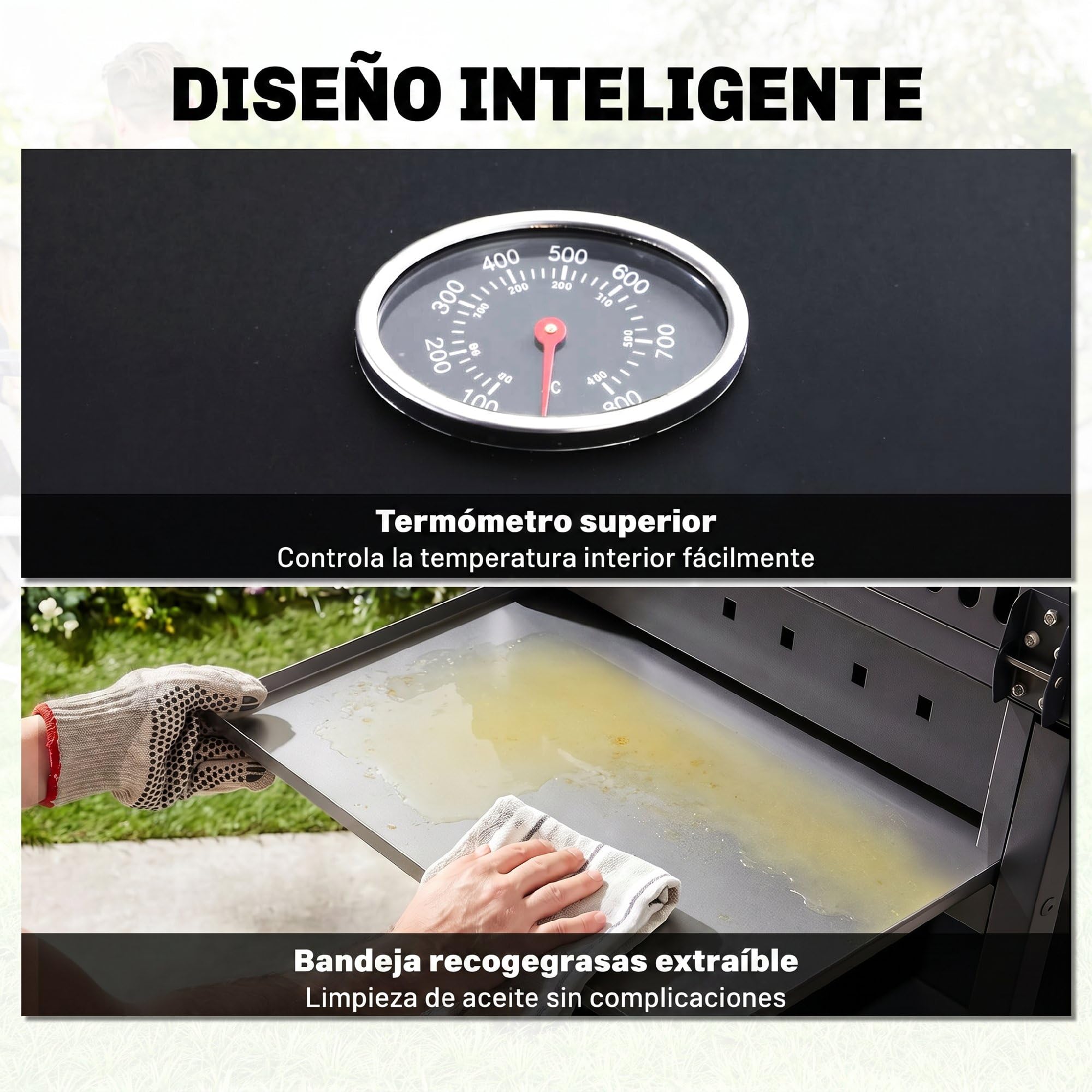 Outsunny Barbacoa de Gas con 4+1 Quemadores 14,4 KW Mesas Laterales Armario de Almacenaje Termómetro y 2 Ruedas Acero Inoxidable BBQ 125x51x100 cm Negro