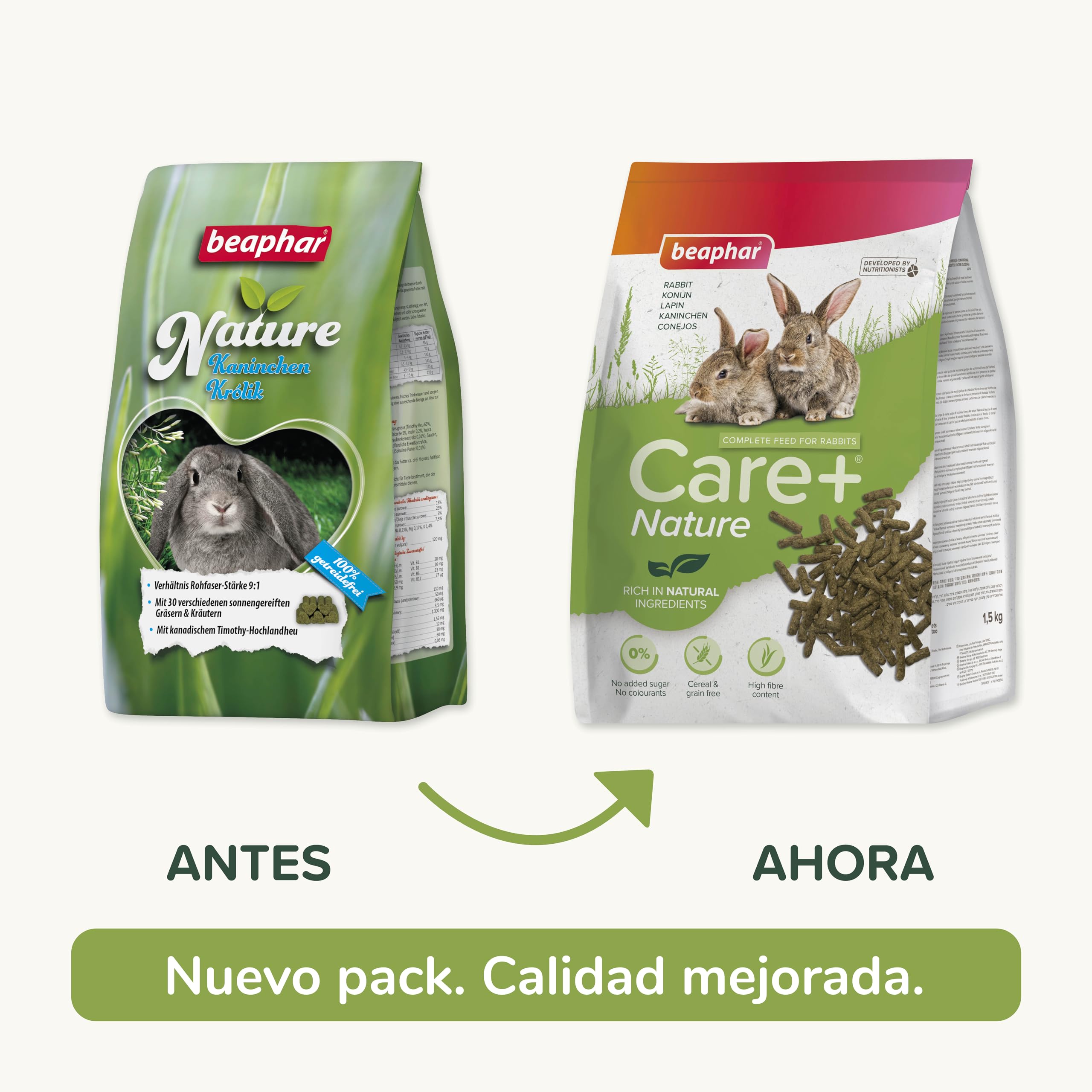 Beaphar Care+® Nature Conejo - Alimento Natural para Conejos sin Cereales, Rico en Fibra y heno Timothy - pellets Todo en uno - 1,5 kg