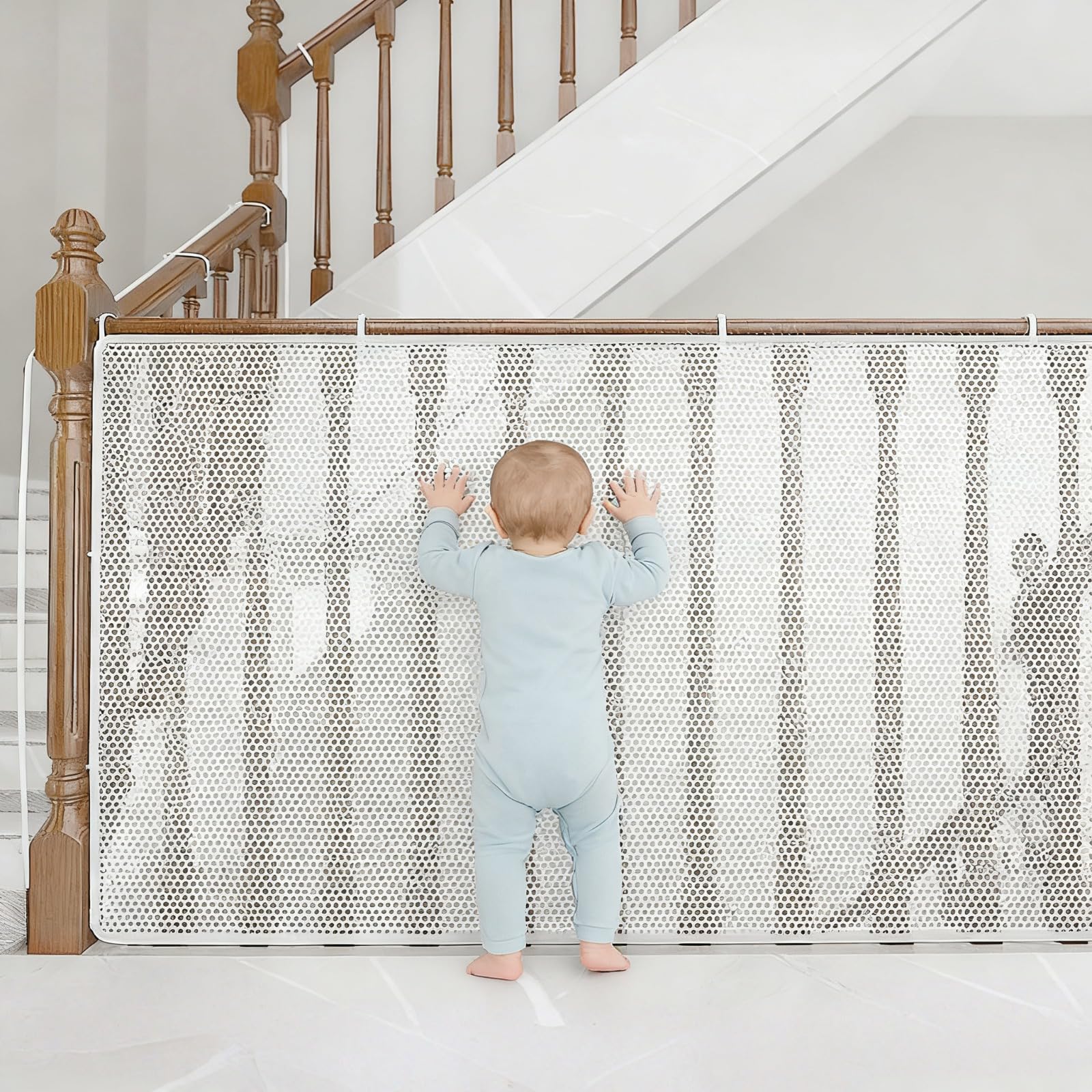 Treppen Schutznetz, Baby Balkon Geländer Treppenhaus Sicherheitsnetz, Balkonnetz, Stabiles Zaunnetz, mit Nylonseil, Bodenschnalle, 3m x 79cm, für Baby und Haustiere