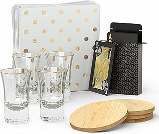 Gold Rim Shot Glass Gift Set – 4 x 1 oz Glasses with Golden Rim, 30 Napkins, 4 Coasters & Black and Gold Playing Cards – Whiskey & Tequila Barware Gift for Parties & Weddings