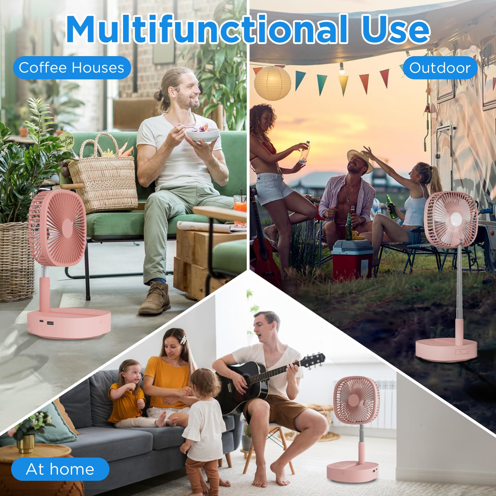 Ventilador de pedestal oscilante portátil y remoto, rotación de 120°, ventilador plegable 3 en 1, ventilador de escritorio, antideslizante 7200 mAh recargable, telescópico de 4 velocidades, 6