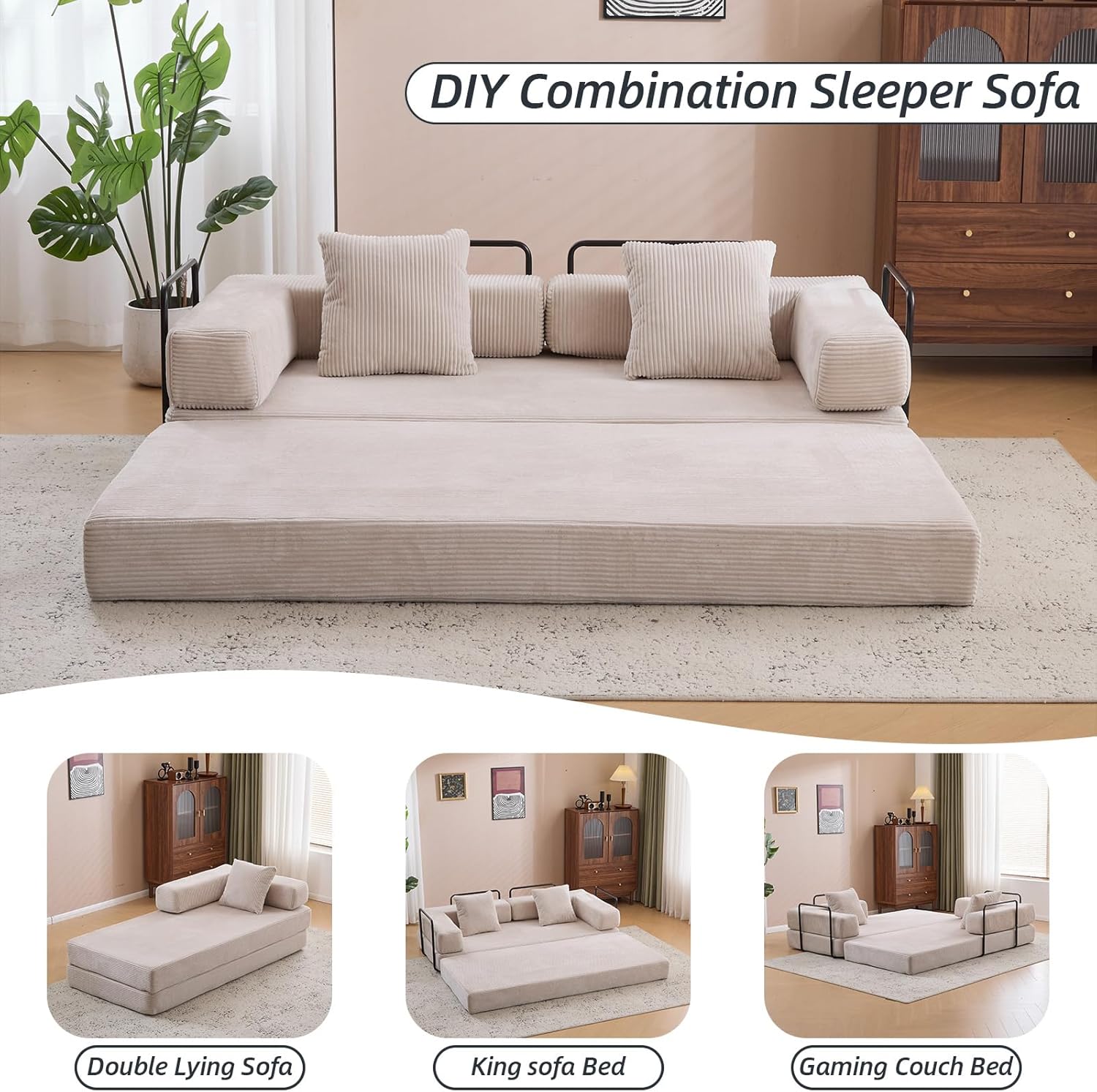 Corduroy Light Grey Folding Convertible King Size Sofa Bed with Pillows, Modern Floor Couch, 76.77"L x 37.4"W x 23.62"H