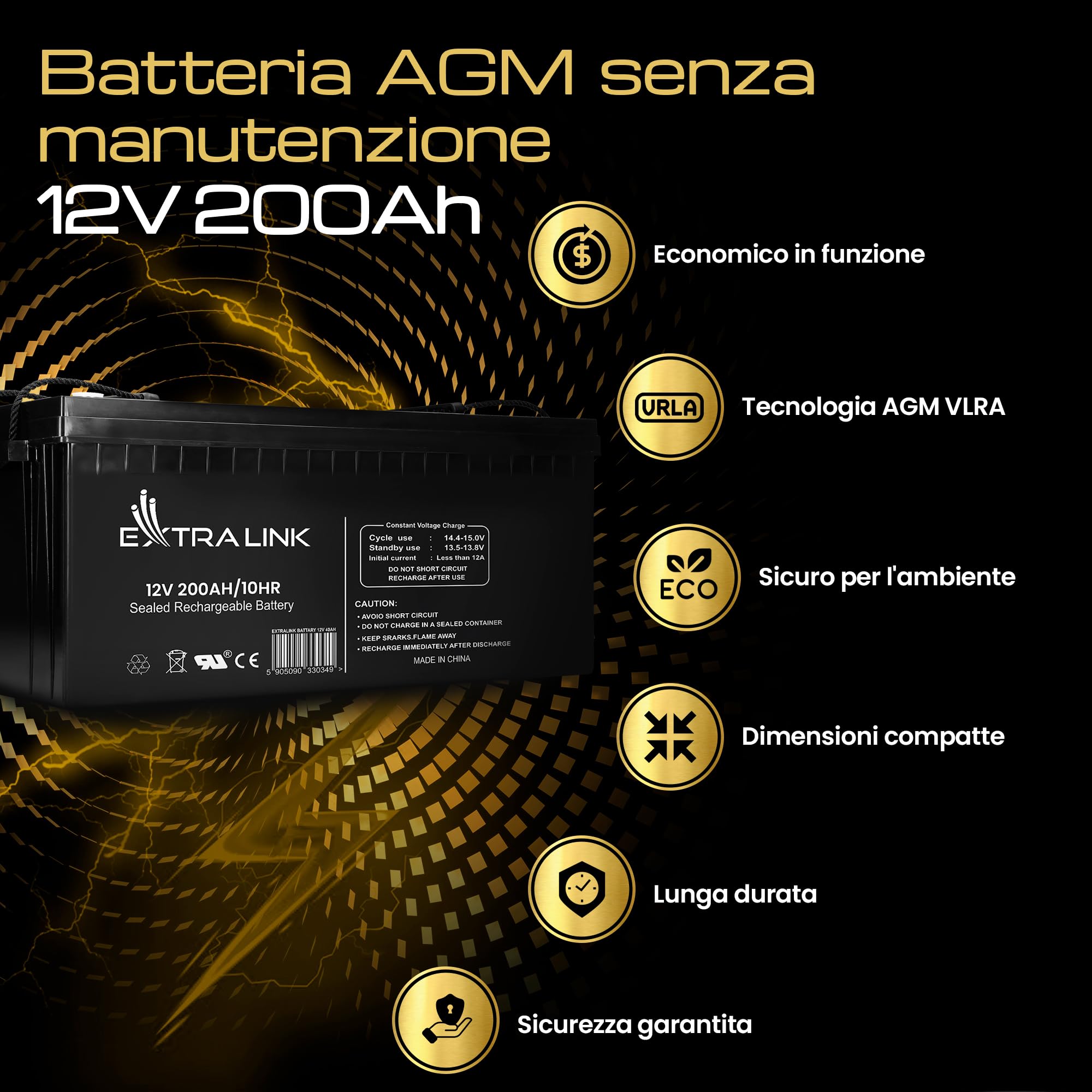 Extralink Batteria AGM 12V 200Ah - senza manutenzione, a prova di perdite, a ciclo profondo - batterie per fotovoltaico, di alimentazione di lunga durata, camper, UPS e alimentatori di emergenza