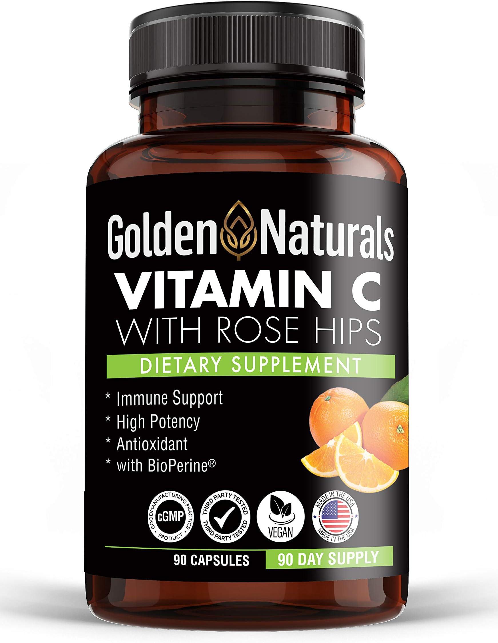 Golden Naturals Vitamin C with All Natural Rose HIPS, 1000mg, Immune Boosting Support and Powerful Antioxidant, High Absorption with BioPerine, Improve Skin Health, 90 Capsules