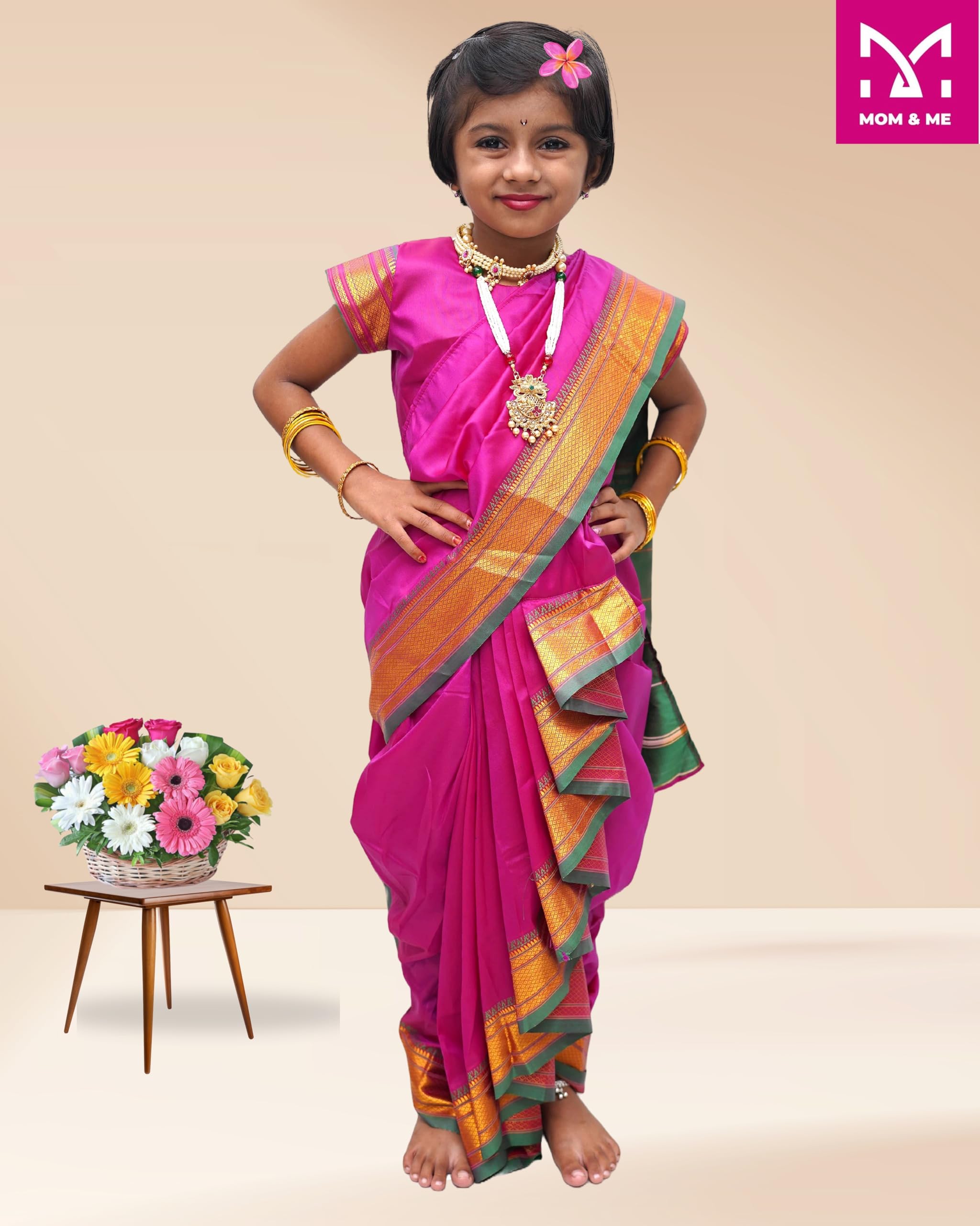 Mom and Me Nauvari Saree for Girls/Baby Girl, Ready to Wear, Marathi Maharashtrian Traditional Saree, Festival Outfit for Puja, Ganpati Festival, School Programs stitch Blouse (Purple, 8-9 Years) - Image 3 thumbnail
